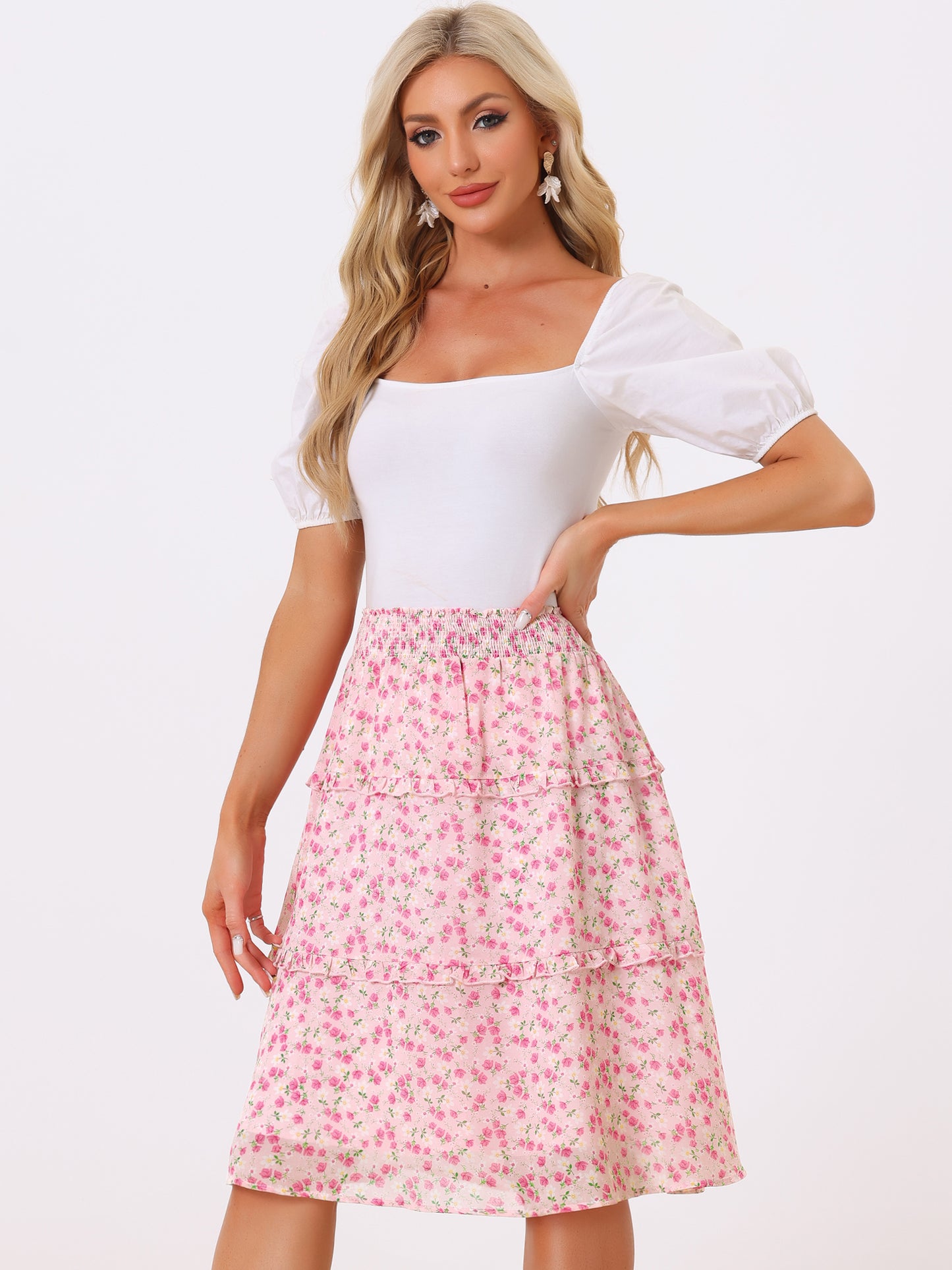 Faldas florales para mujer, primavera, fruncidas, cintura elástica, corte A, por debajo de la rodilla, falda con volantes escalonados