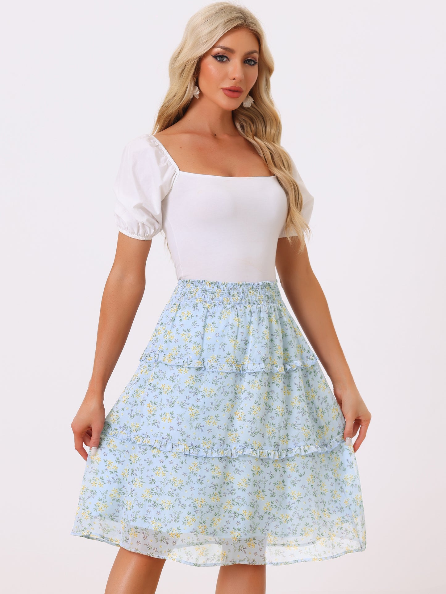 Faldas florales para mujer, primavera, fruncidas, cintura elástica, corte A, por debajo de la rodilla, falda con volantes escalonados