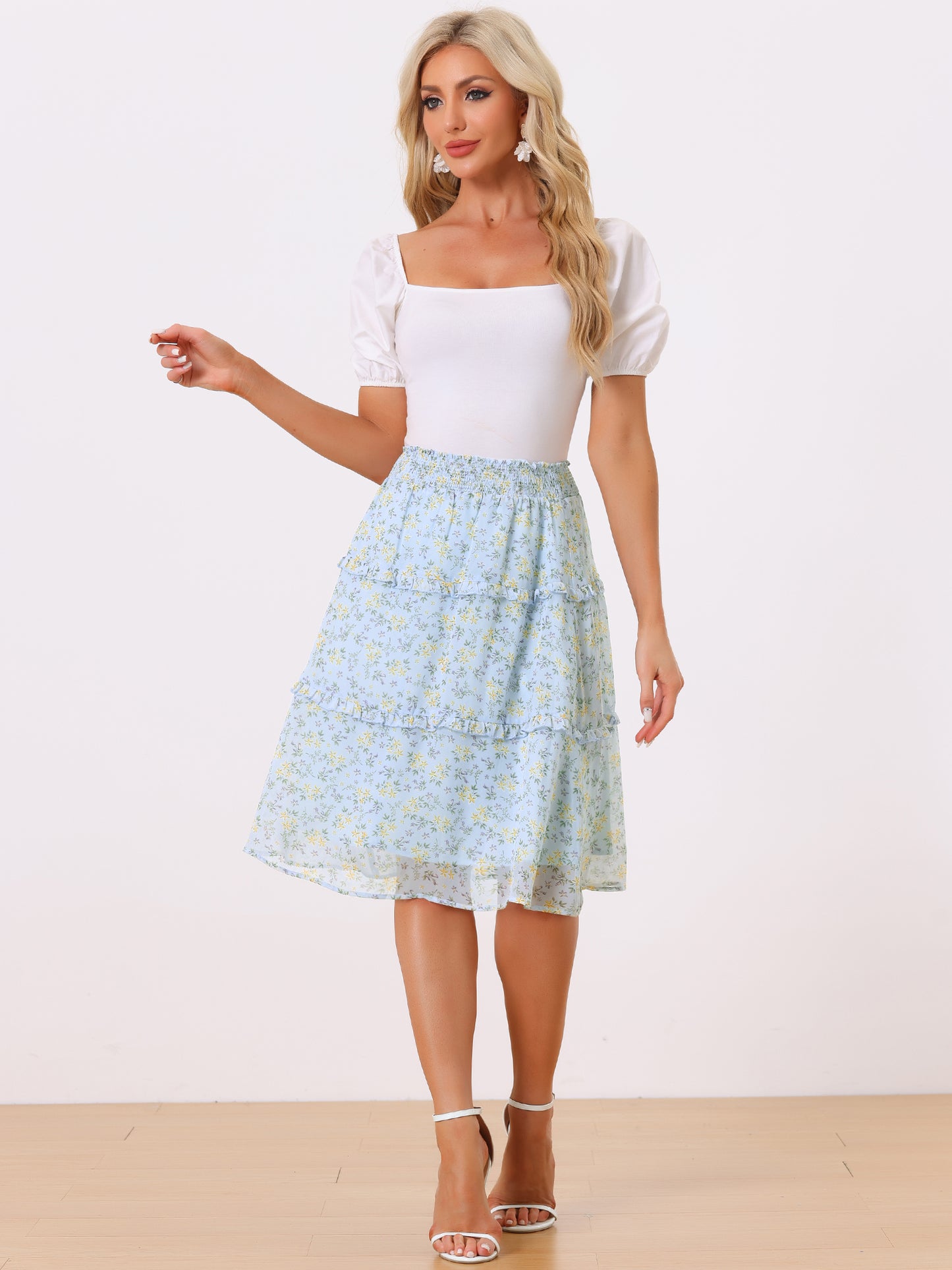 Faldas florales para mujer, primavera, fruncidas, cintura elástica, corte A, por debajo de la rodilla, falda con volantes escalonados