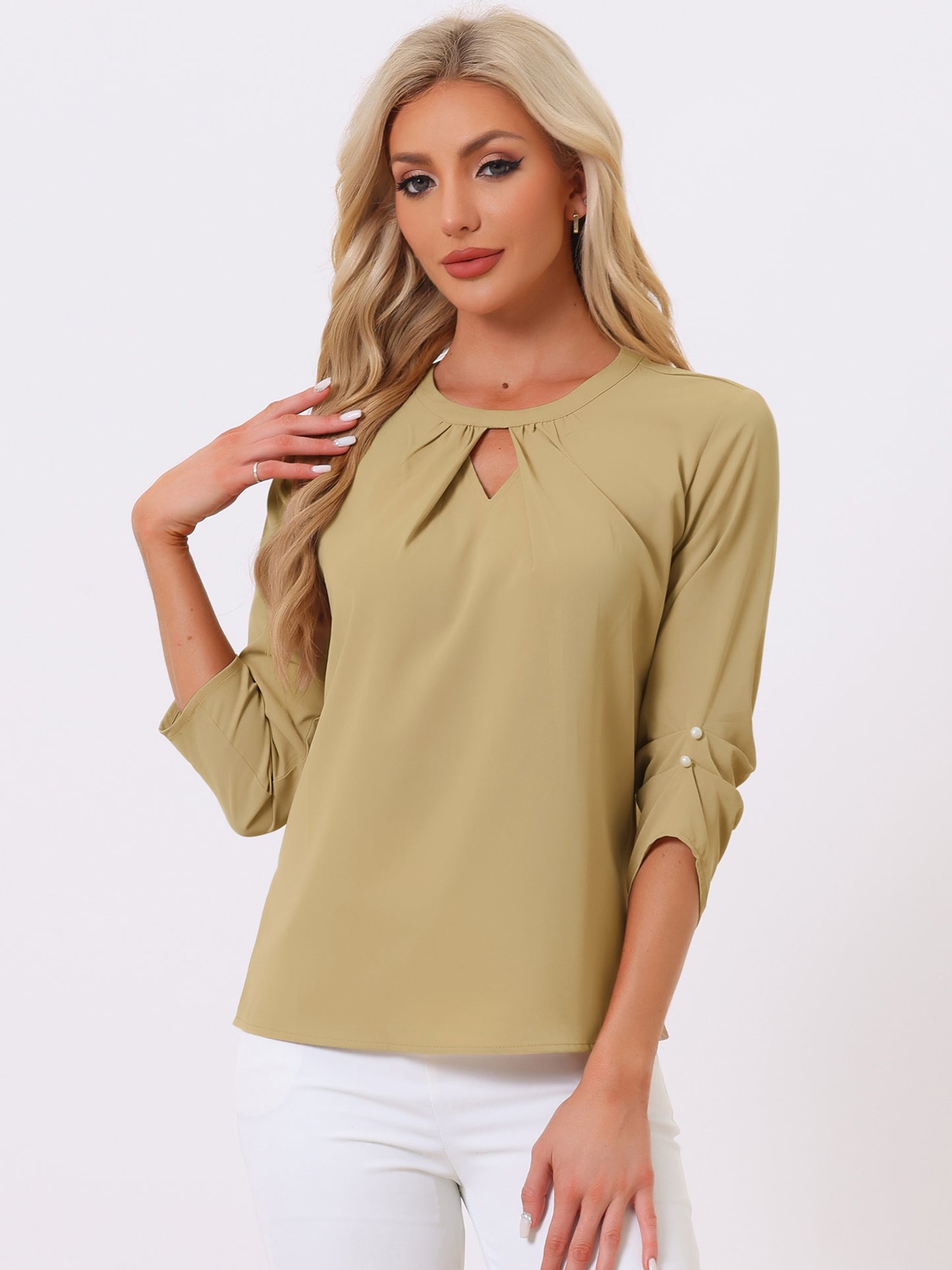 Women's Dressy Work Office Keyhole Pleated Front Ruched 3/4 Sleeve Chiffon Shirt