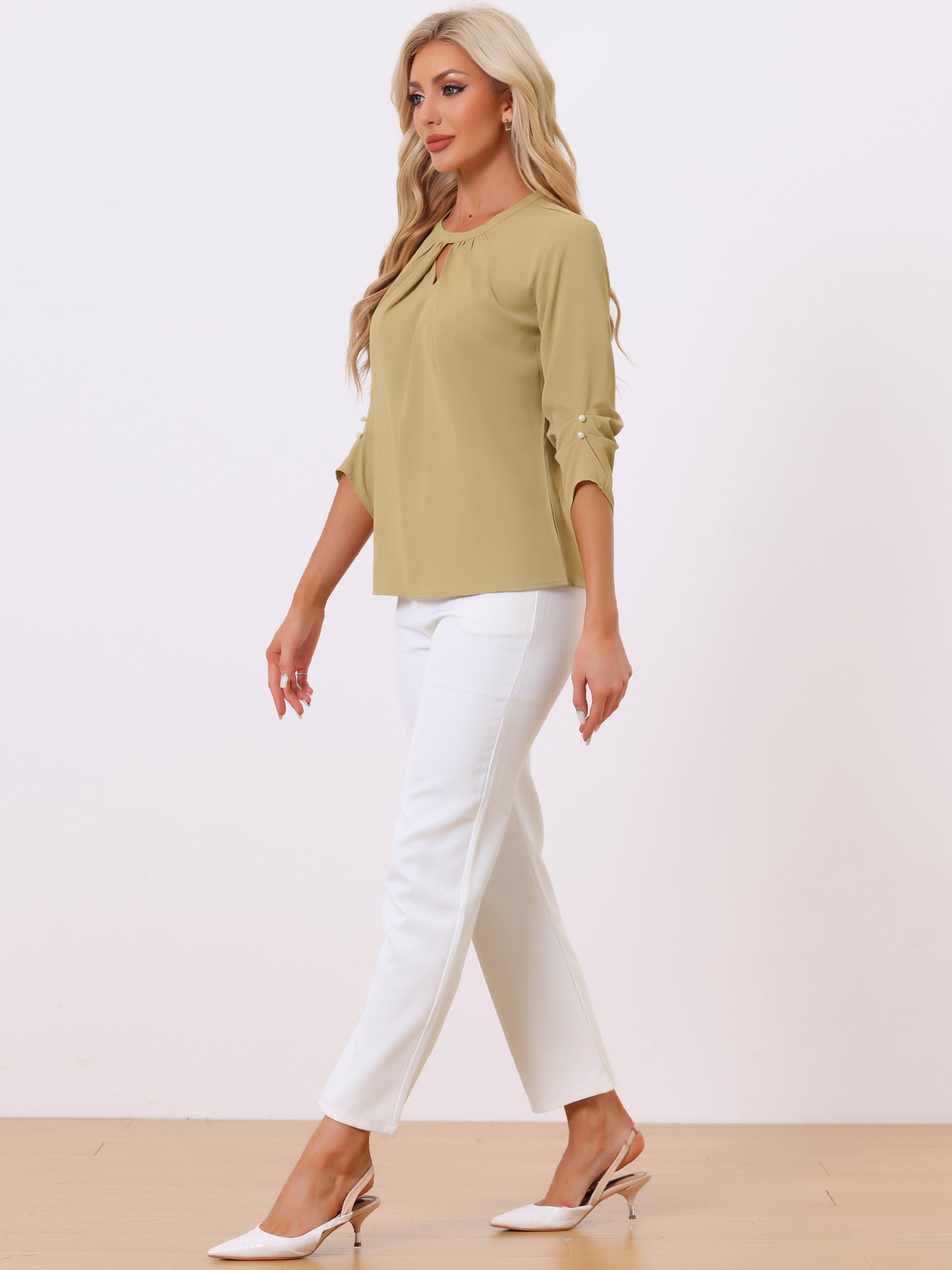 Women's Dressy Work Office Keyhole Pleated Front Ruched 3/4 Sleeve Chiffon Shirt