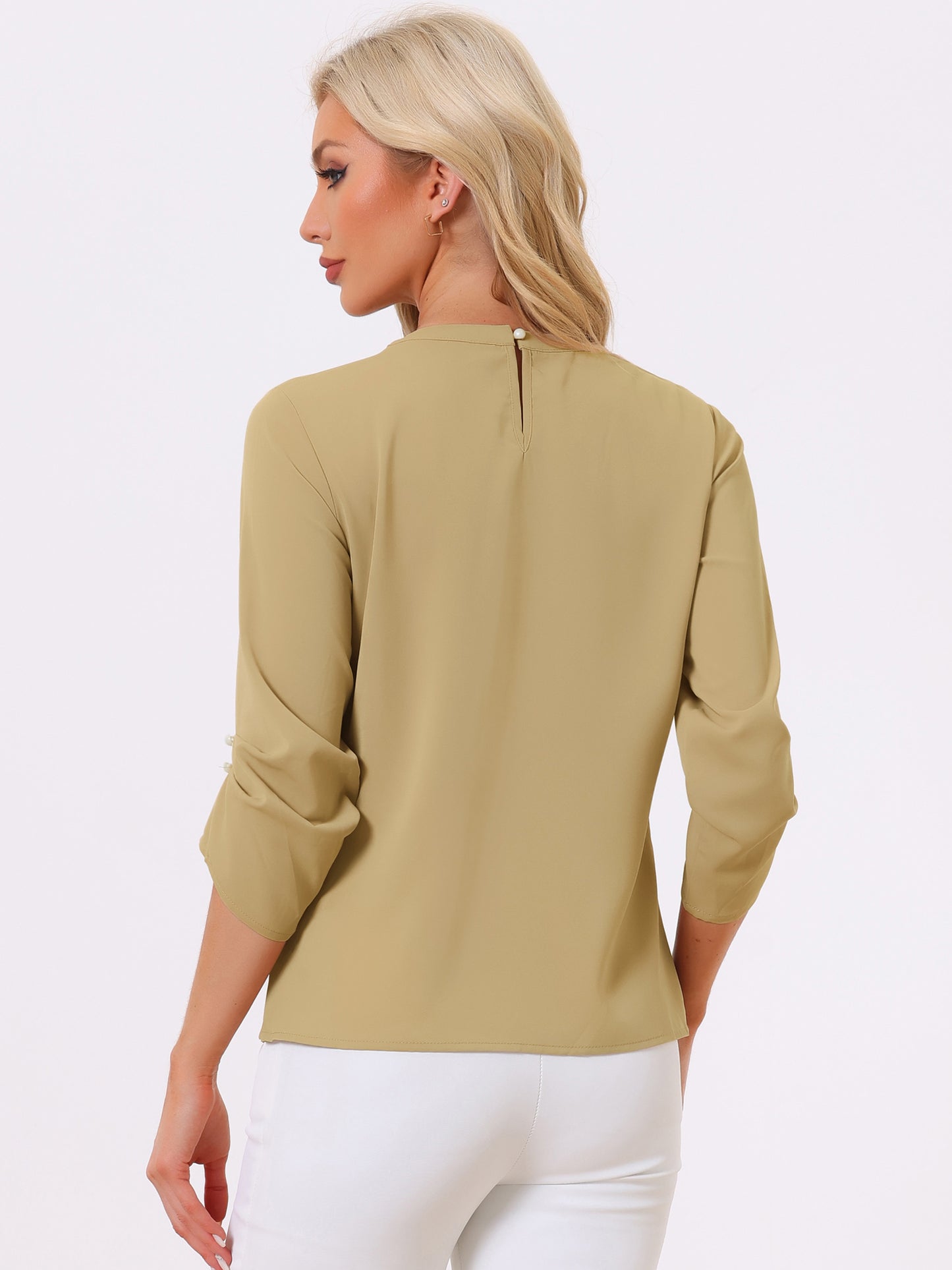 Women's Dressy Work Office Keyhole Pleated Front Ruched 3/4 Sleeve Chiffon Shirt
