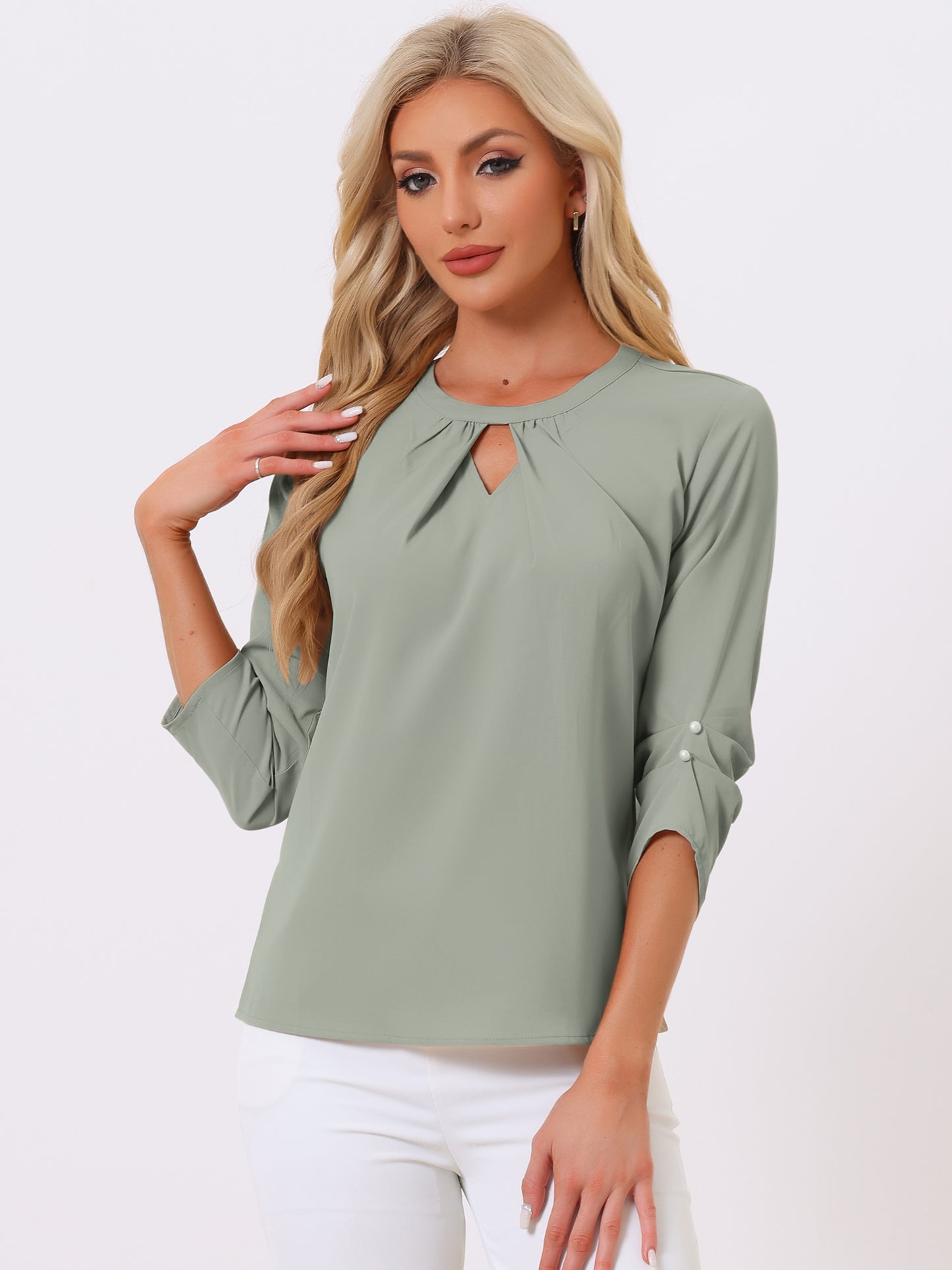 Women's Dressy Work Office Keyhole Pleated Front Ruched 3/4 Sleeve Chiffon Shirt
