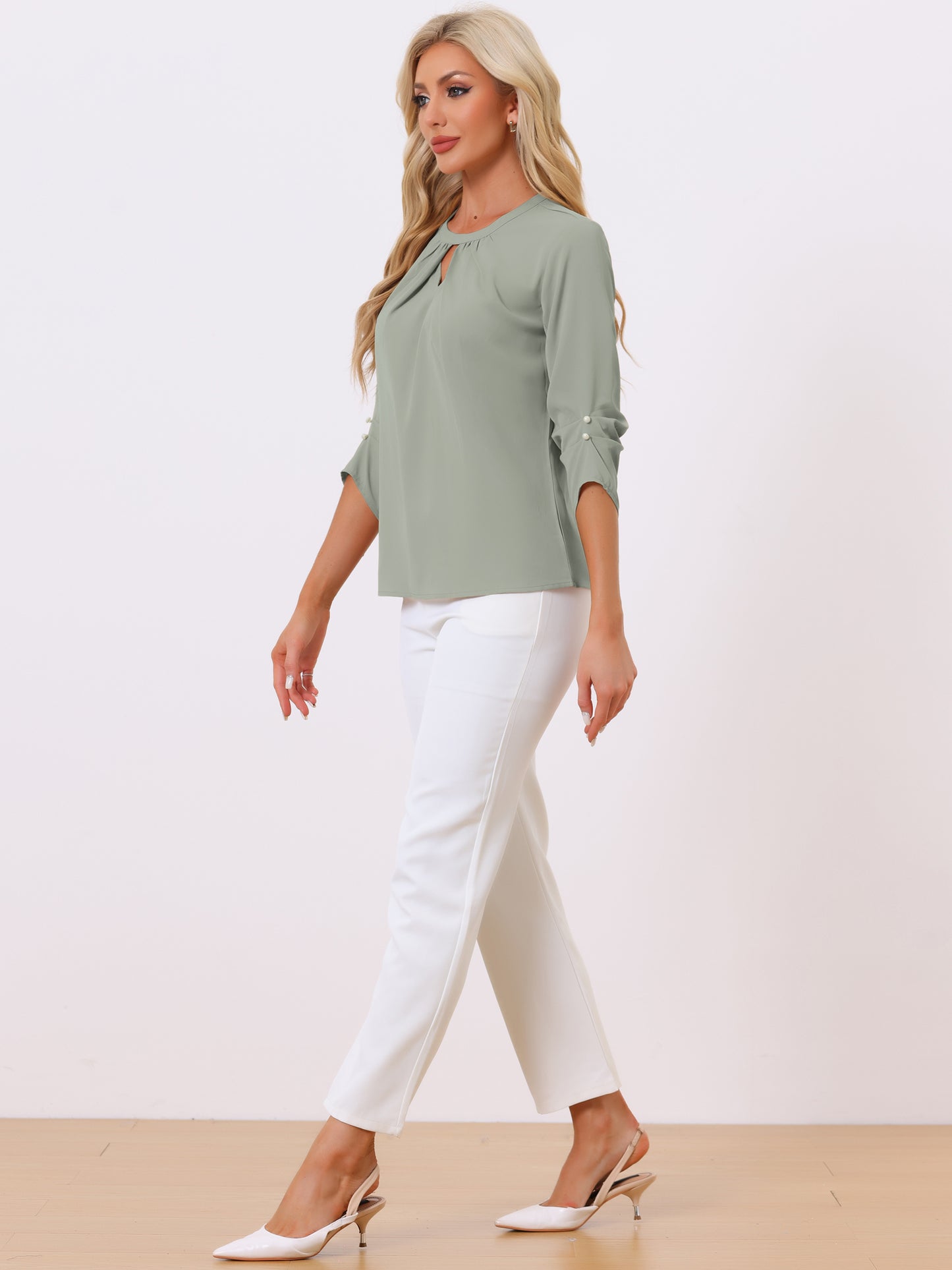 Women's Dressy Work Office Keyhole Pleated Front Ruched 3/4 Sleeve Chiffon Shirt