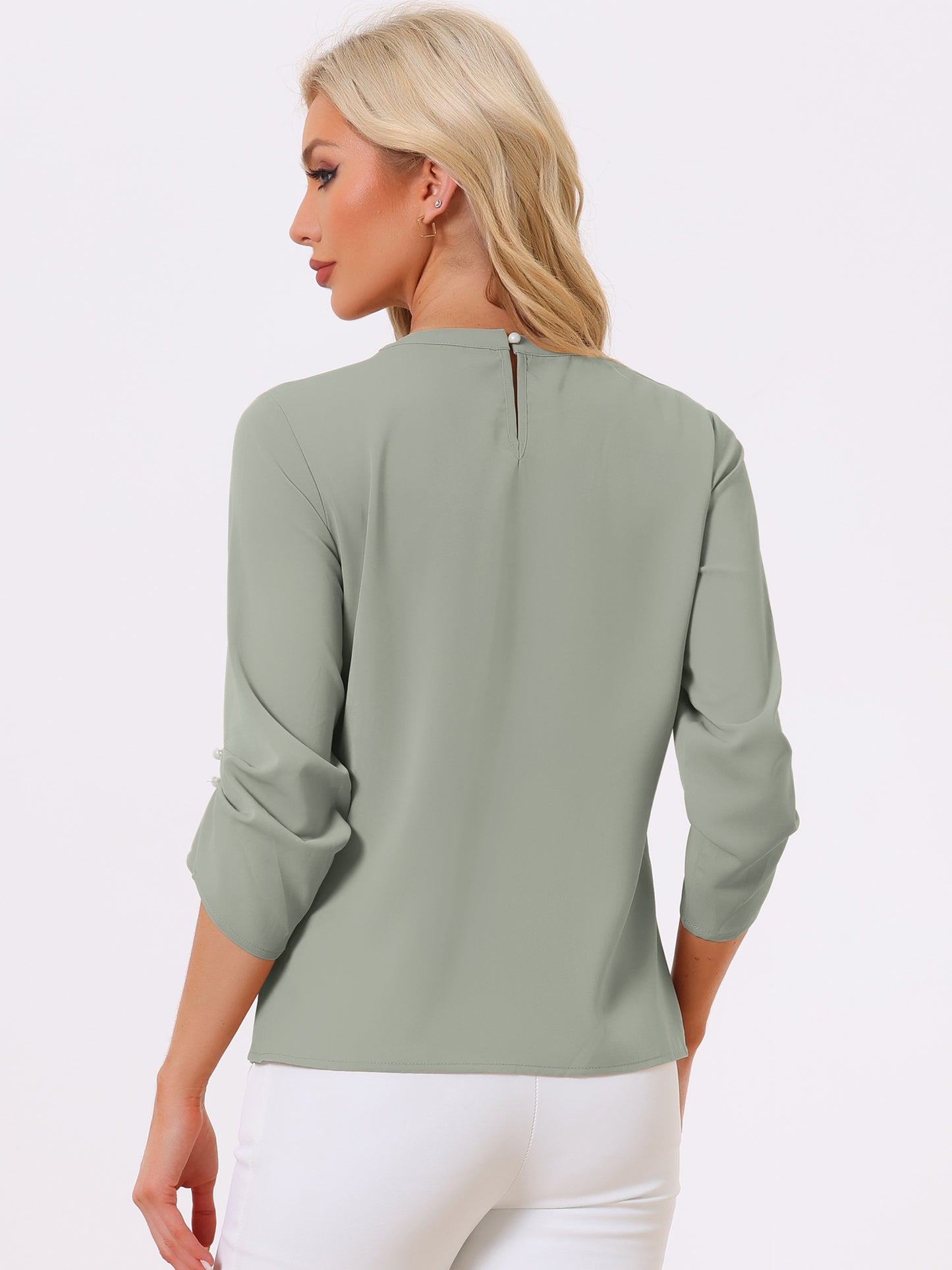 Women's Dressy Work Office Keyhole Pleated Front Ruched 3/4 Sleeve Chiffon Shirt