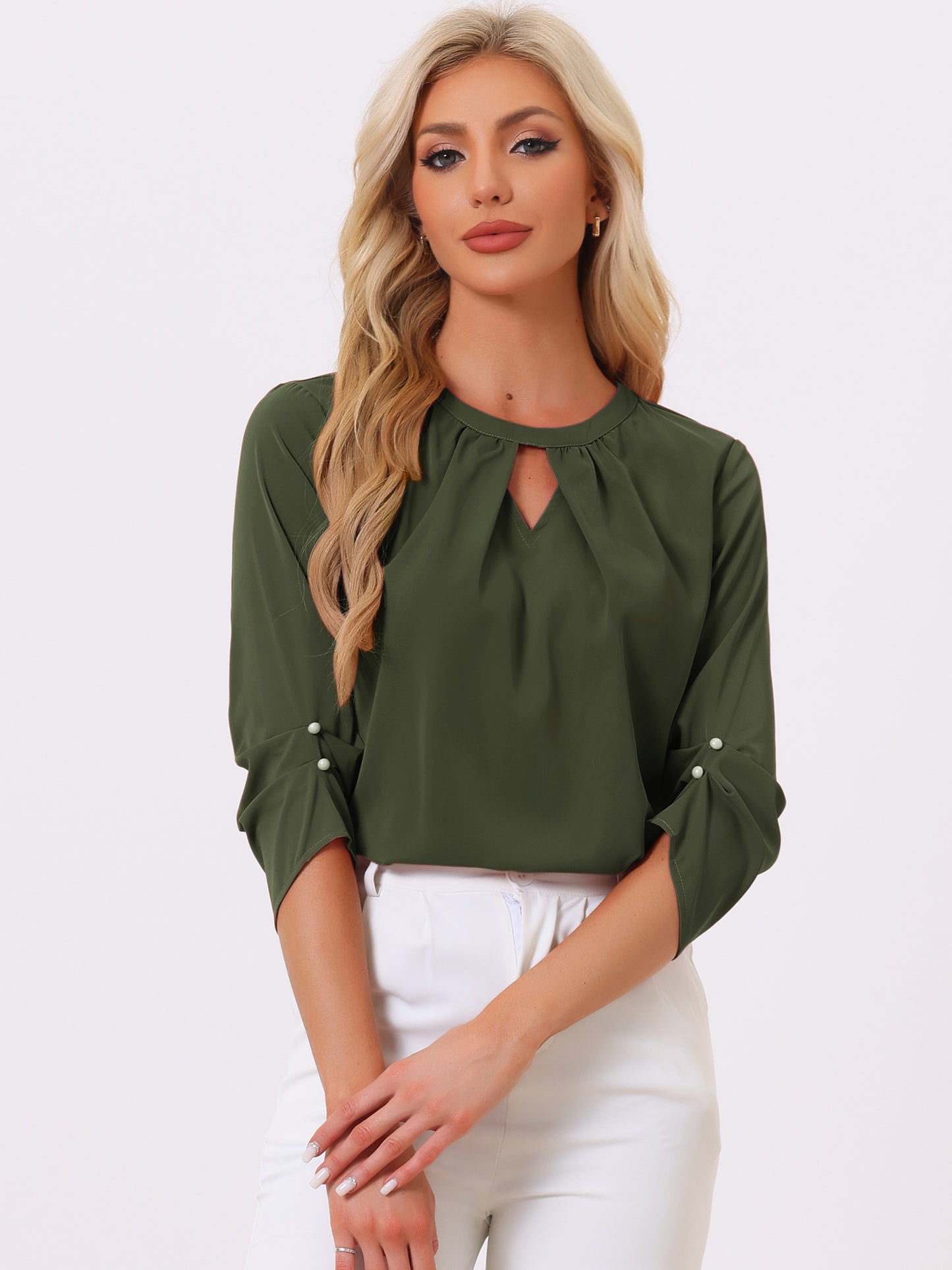 Women's Dressy Work Office Keyhole Pleated Front Ruched 3/4 Sleeve Chiffon Shirt