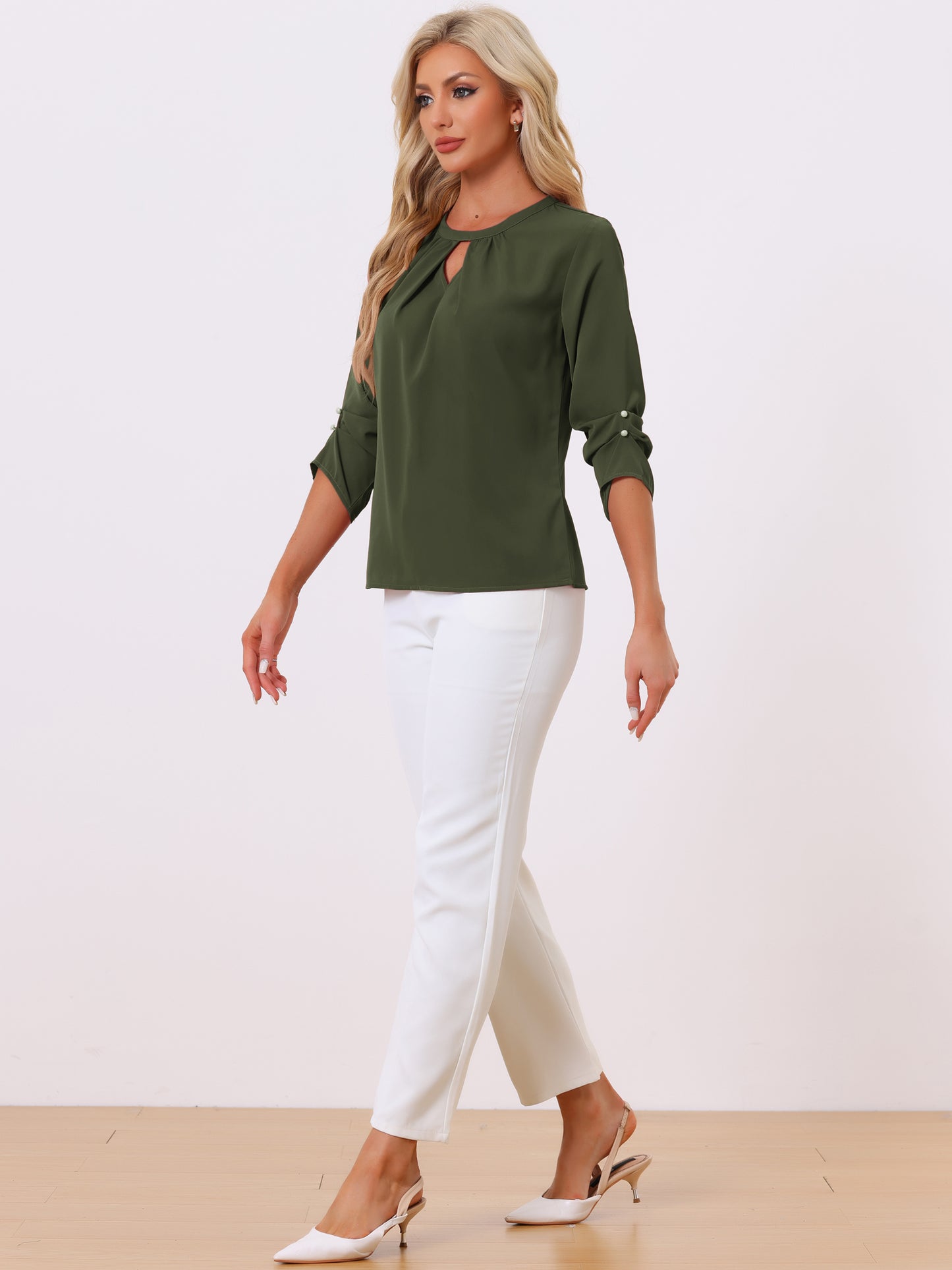 Women's Dressy Work Office Keyhole Pleated Front Ruched 3/4 Sleeve Chiffon Shirt