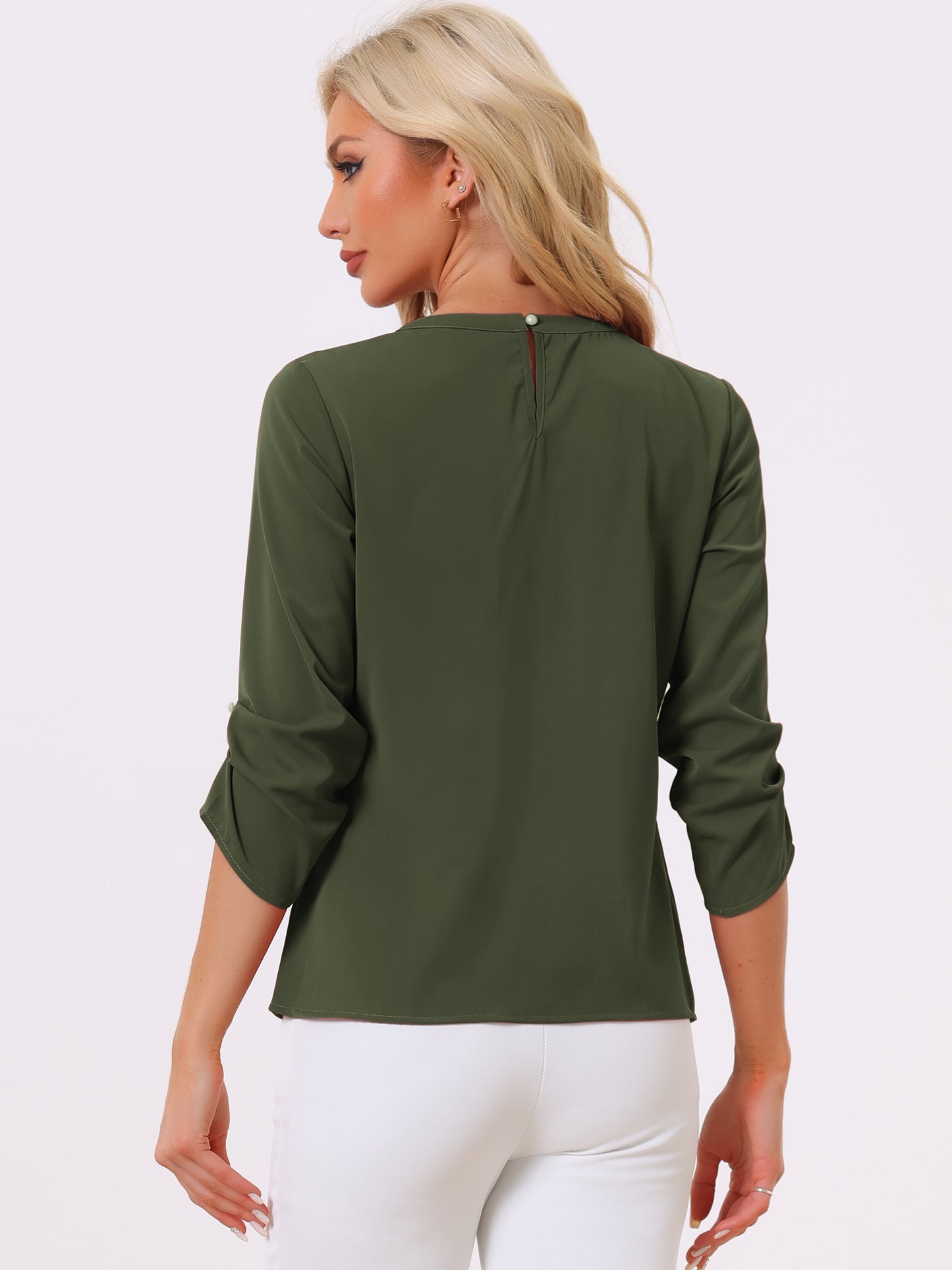 Women's Dressy Work Office Keyhole Pleated Front Ruched 3/4 Sleeve Chiffon Shirt