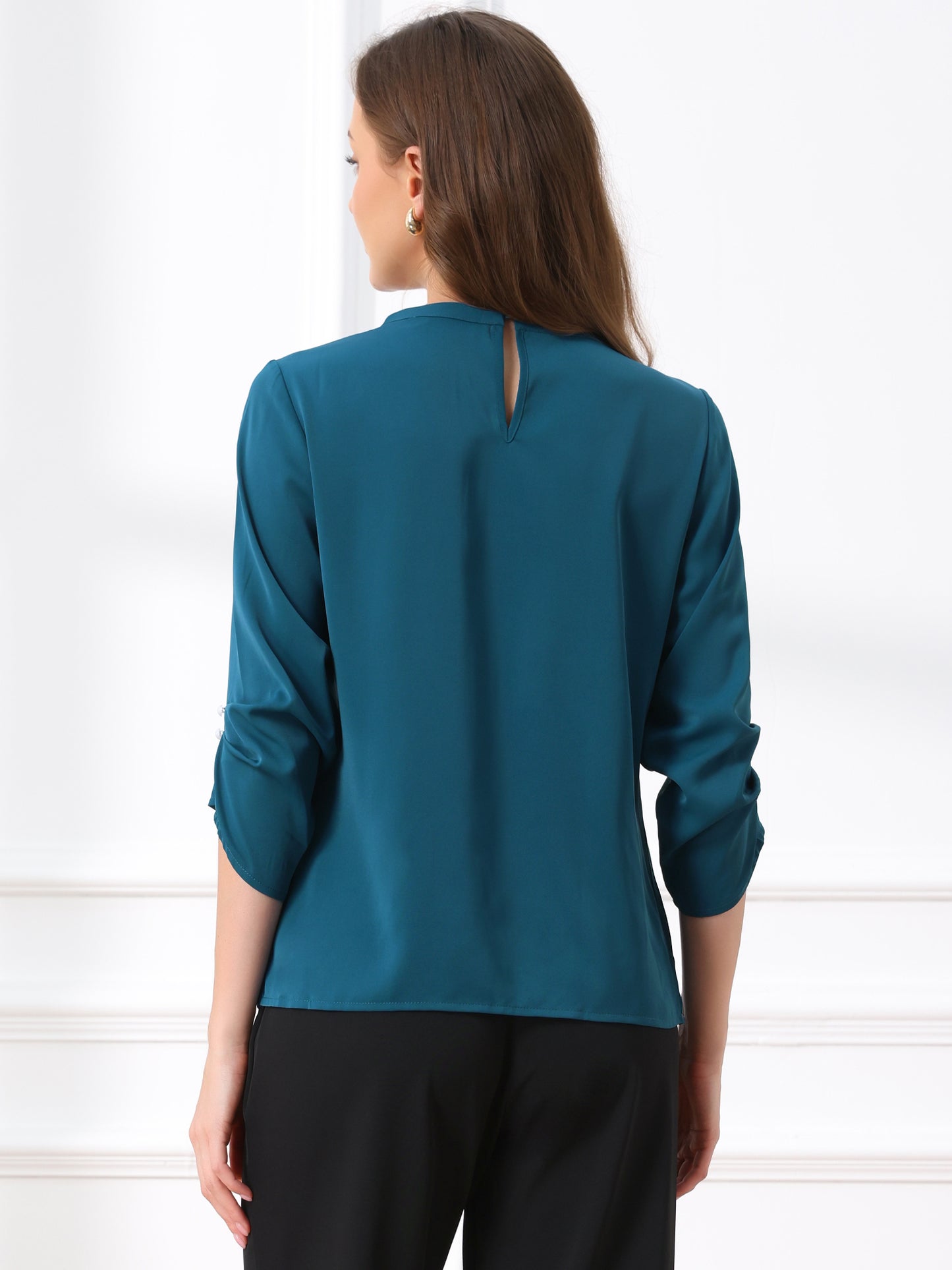 Women's Dressy Work Office Keyhole Pleated Front Ruched 3/4 Sleeve Chiffon Shirt