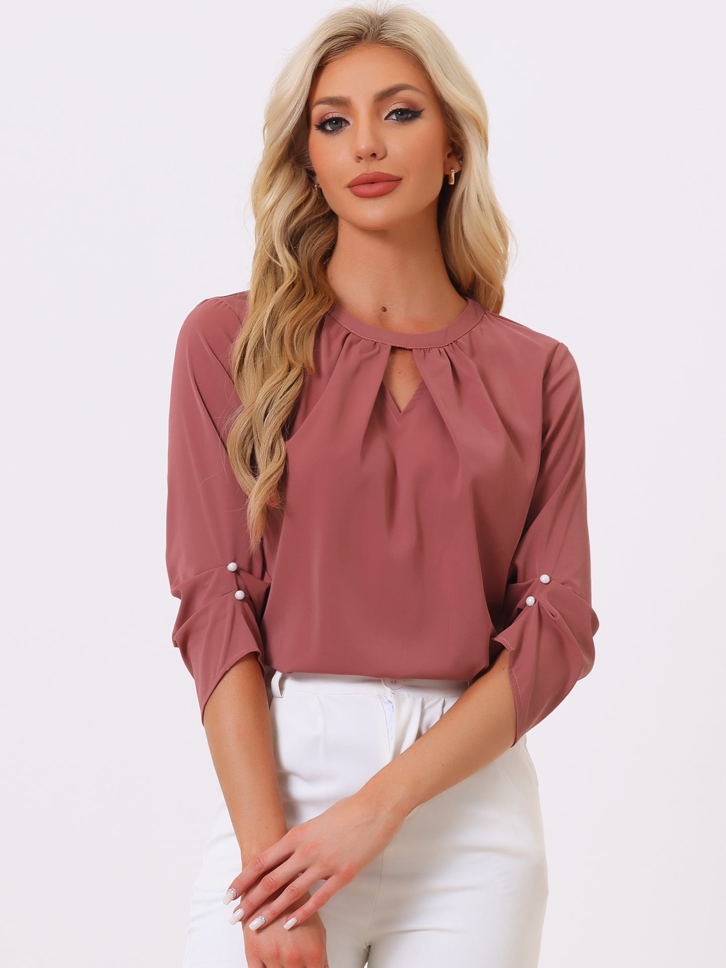 Women's Dressy Work Office Keyhole Pleated Front Ruched 3/4 Sleeve Chiffon Shirt
