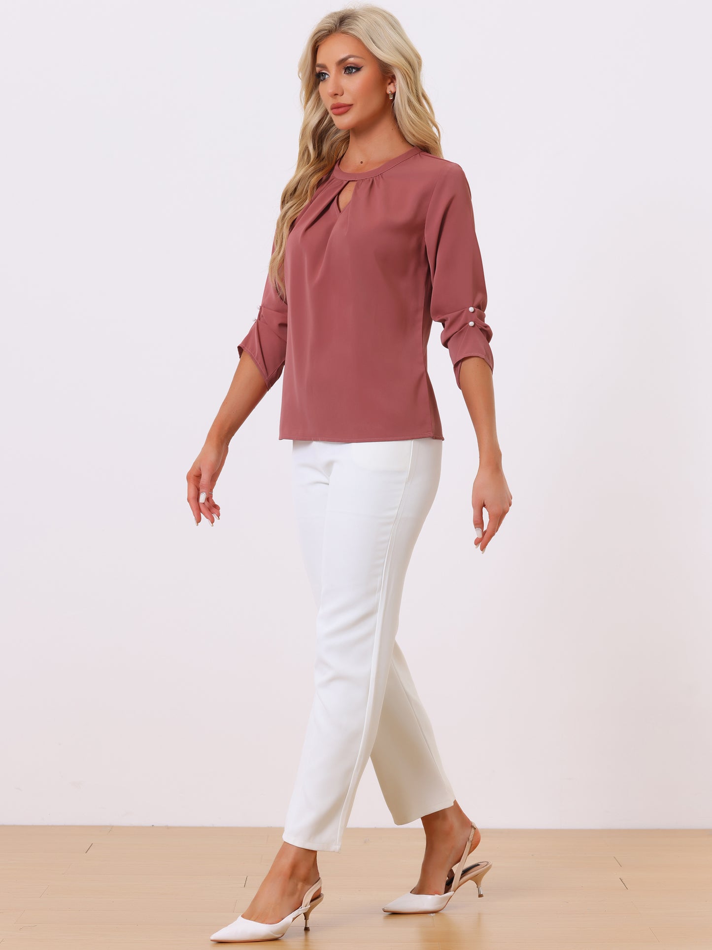 Women's Dressy Work Office Keyhole Pleated Front Ruched 3/4 Sleeve Chiffon Shirt