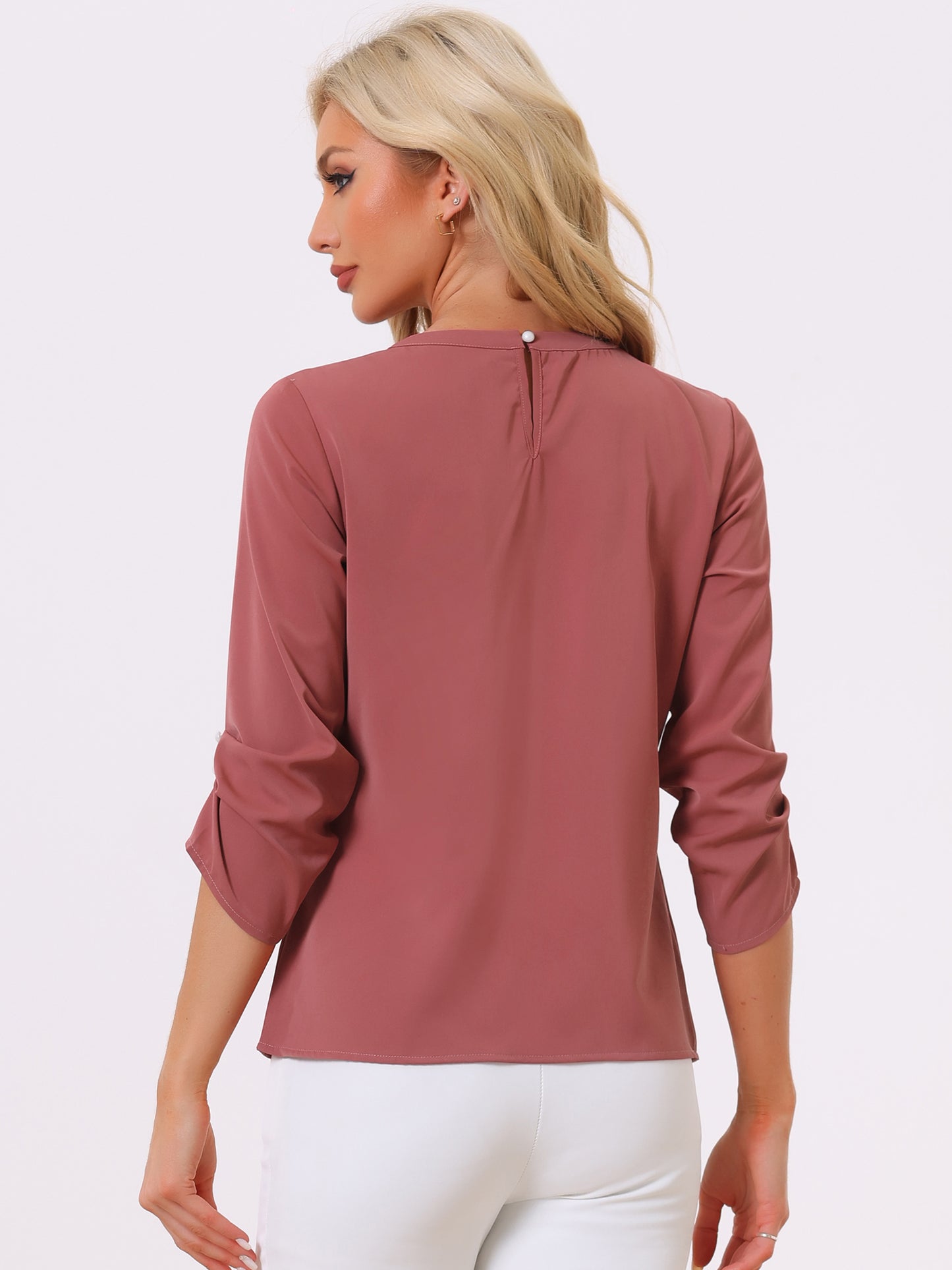 Women's Dressy Work Office Keyhole Pleated Front Ruched 3/4 Sleeve Chiffon Shirt
