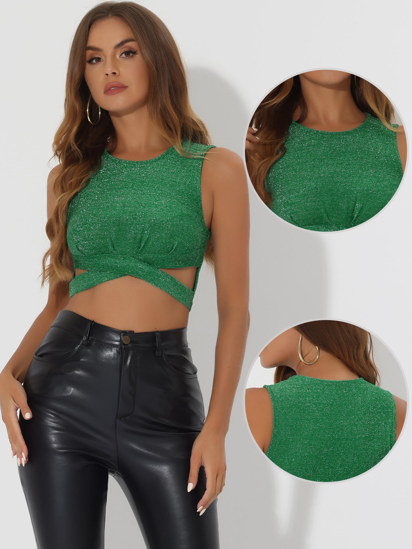 Women's Glitter Crop Top Sparkly Party Cutout Sleeveless Slim Fit Top