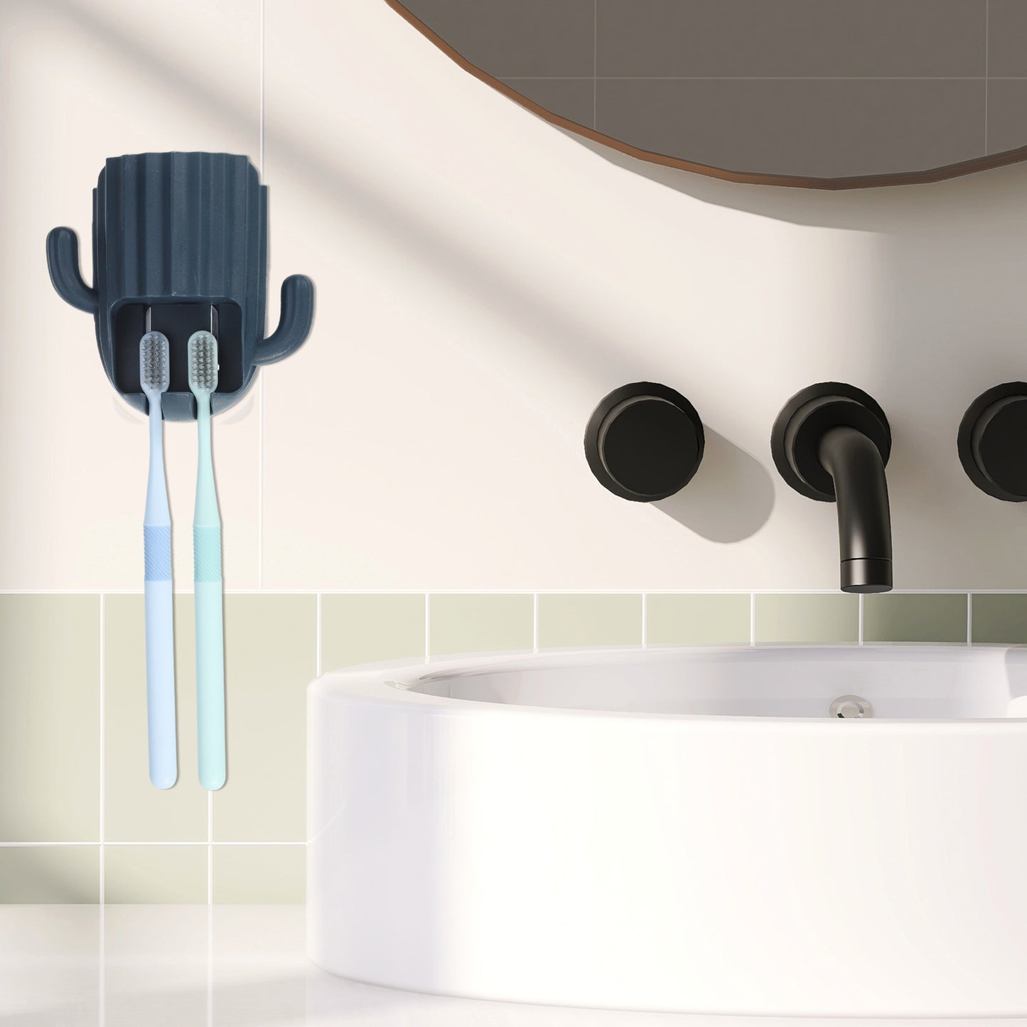 Cactus Wall Mounted Toothbrush Holder Organizers for Bathrooms, 2.45"x2.45"x3.39" Dark Blue