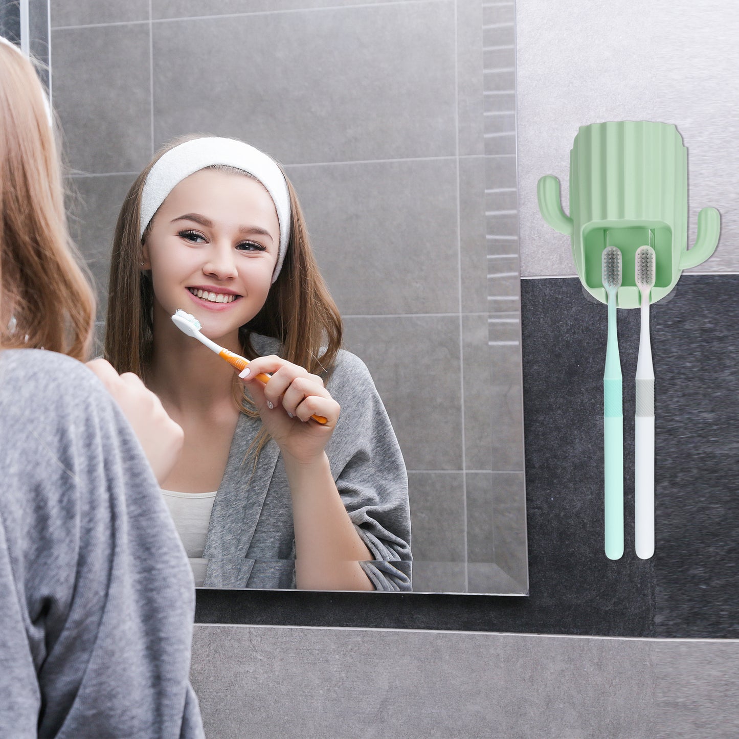 Organizador de pared para cepillos de dientes con forma de cactus, para baños, 6,25 x 6,25 x 8,5 cm, color verde