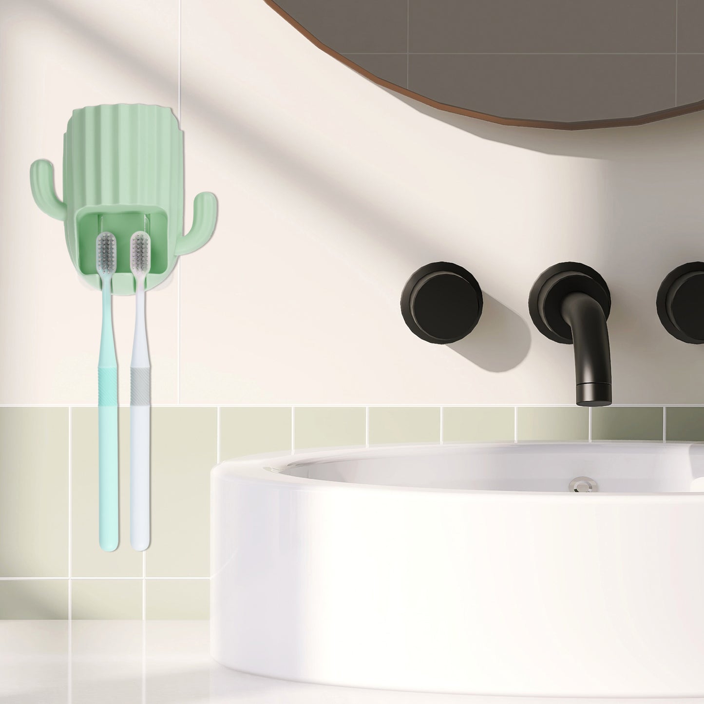 Organizador de pared para cepillos de dientes con forma de cactus, para baños, 6,25 x 6,25 x 8,5 cm, color verde