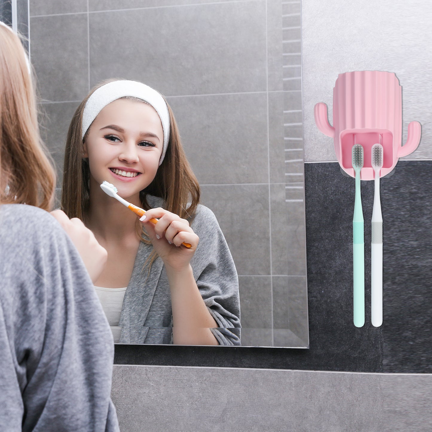 Cactus Wall Mounted Toothbrush Holder Organizers for Bathrooms, 2.45"x2.45"x3.39" Pink