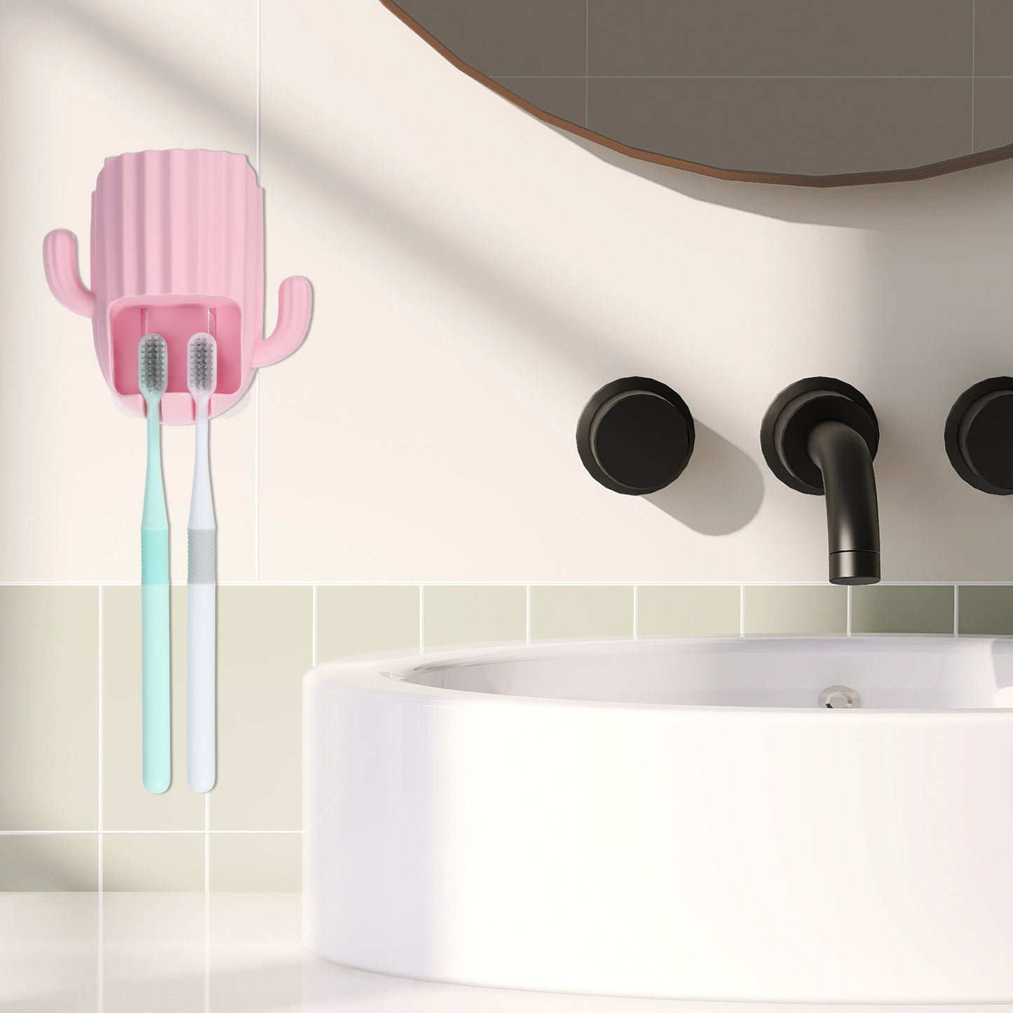 Cactus Wall Mounted Toothbrush Holder Organizers for Bathrooms, 2.45"x2.45"x3.39" Pink