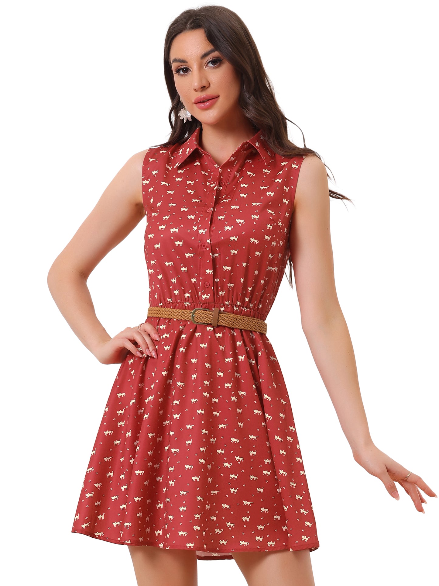Women's Floral Printed Half Placket Above Knee Summer Sleeveless Belted Dress