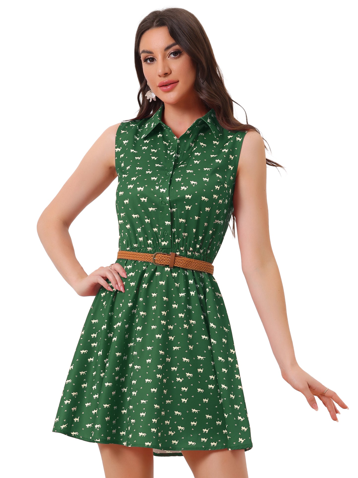 Women's Floral Printed Half Placket Above Knee Summer Sleeveless Belted Dress