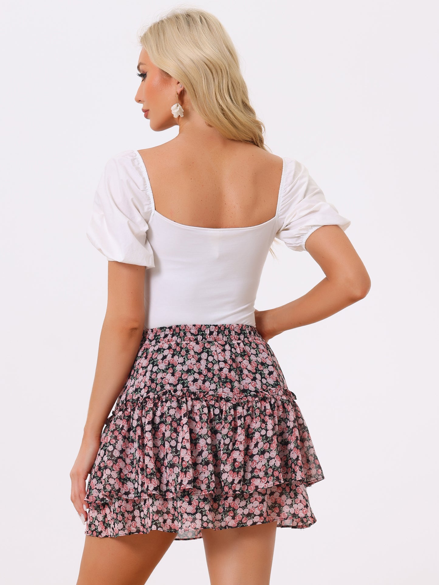 Falda corta con estampado floral para mujer, cintura alta elástica, con volantes y corte A