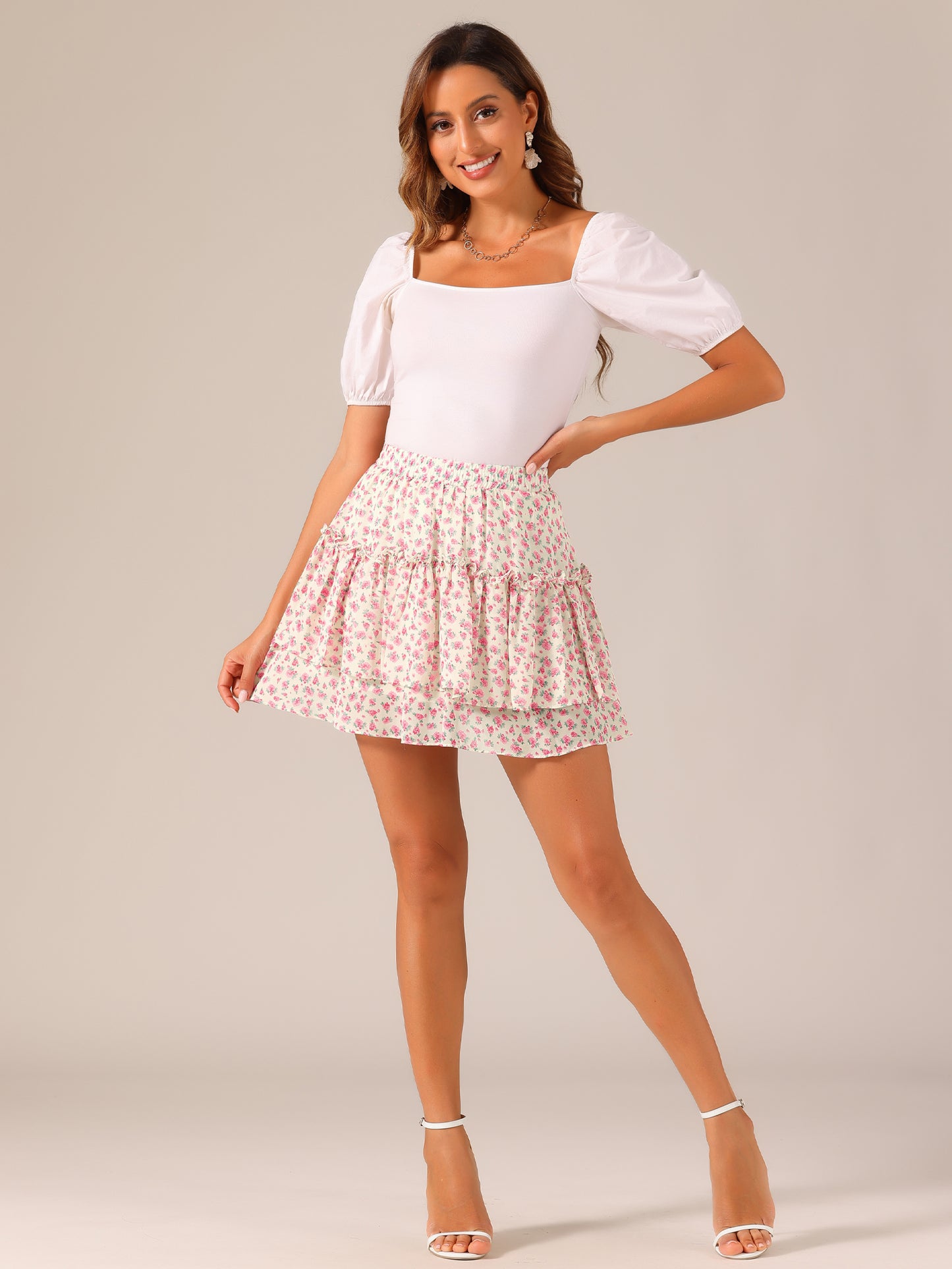 Women's Floral Print Skirt Elastic High Waist Layer Ruffle A-Line Mini Short Skirt