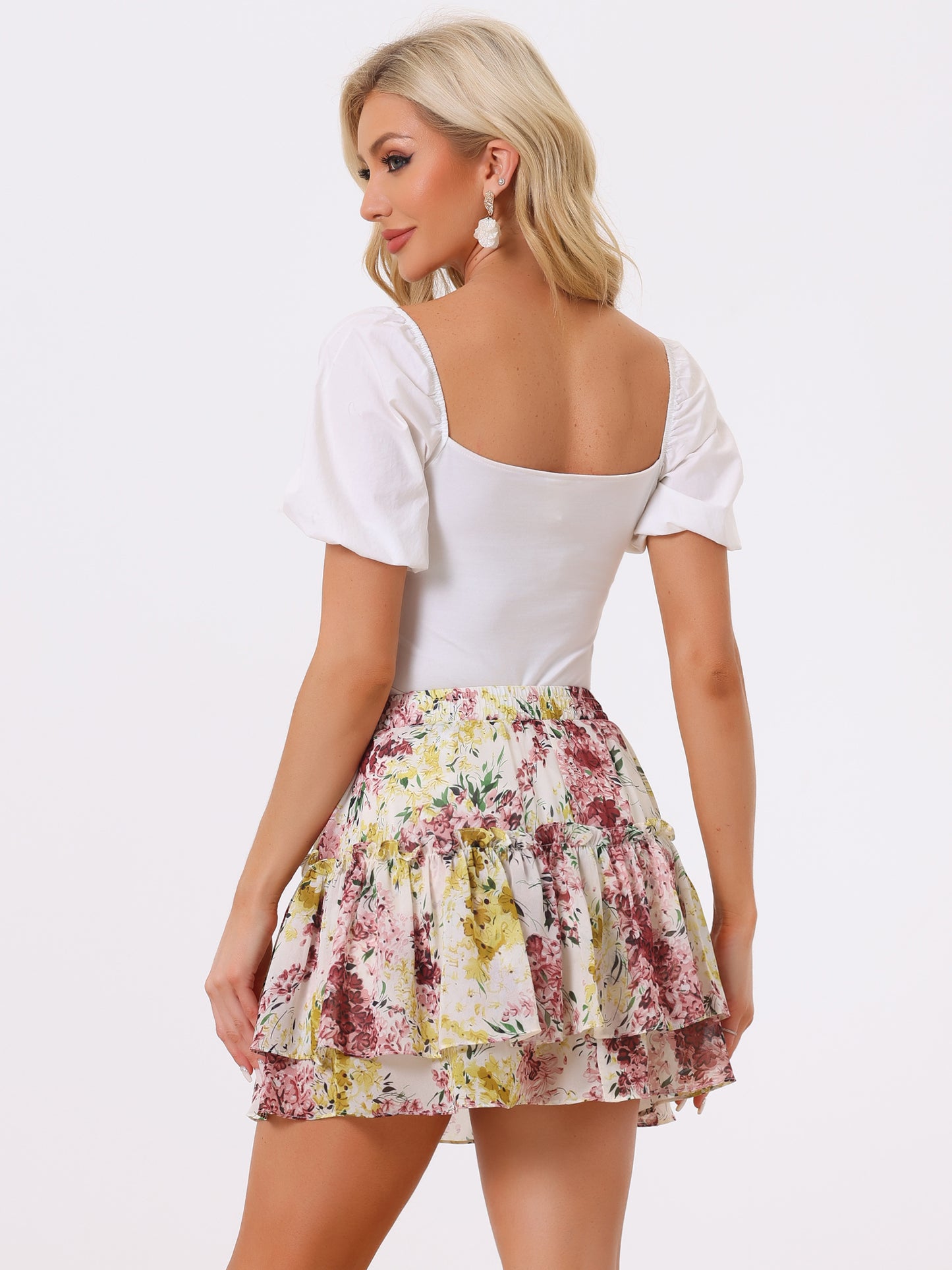 Women's Floral Print Skirt Elastic High Waist Layer Ruffle A-Line Mini Short Skirt