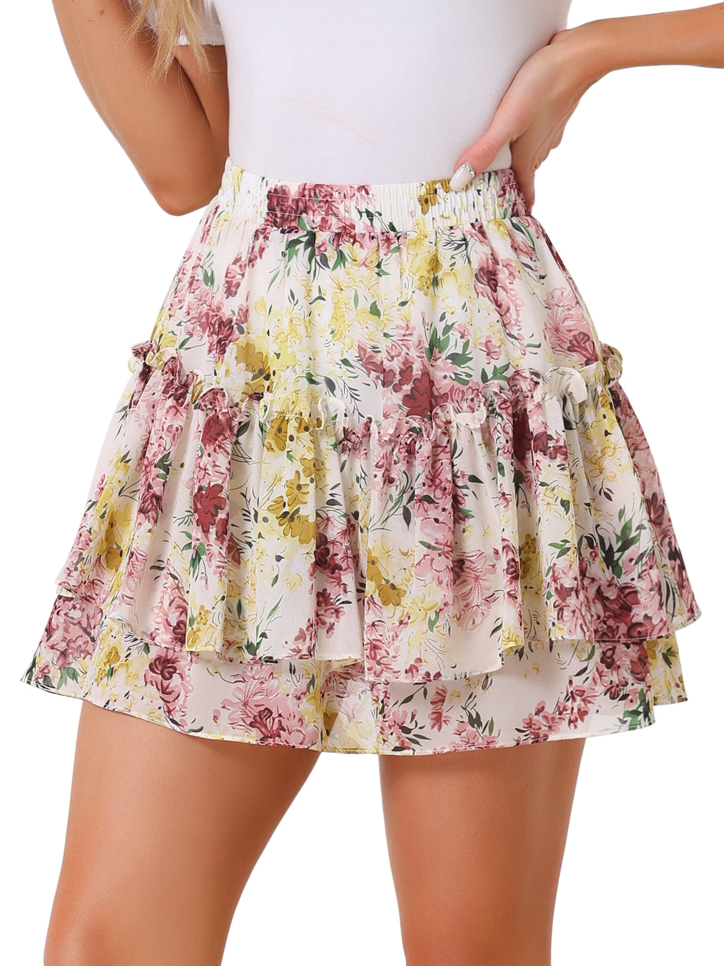 Women's Floral Print Skirt Elastic High Waist Layer Ruffle A-Line Mini Short Skirt