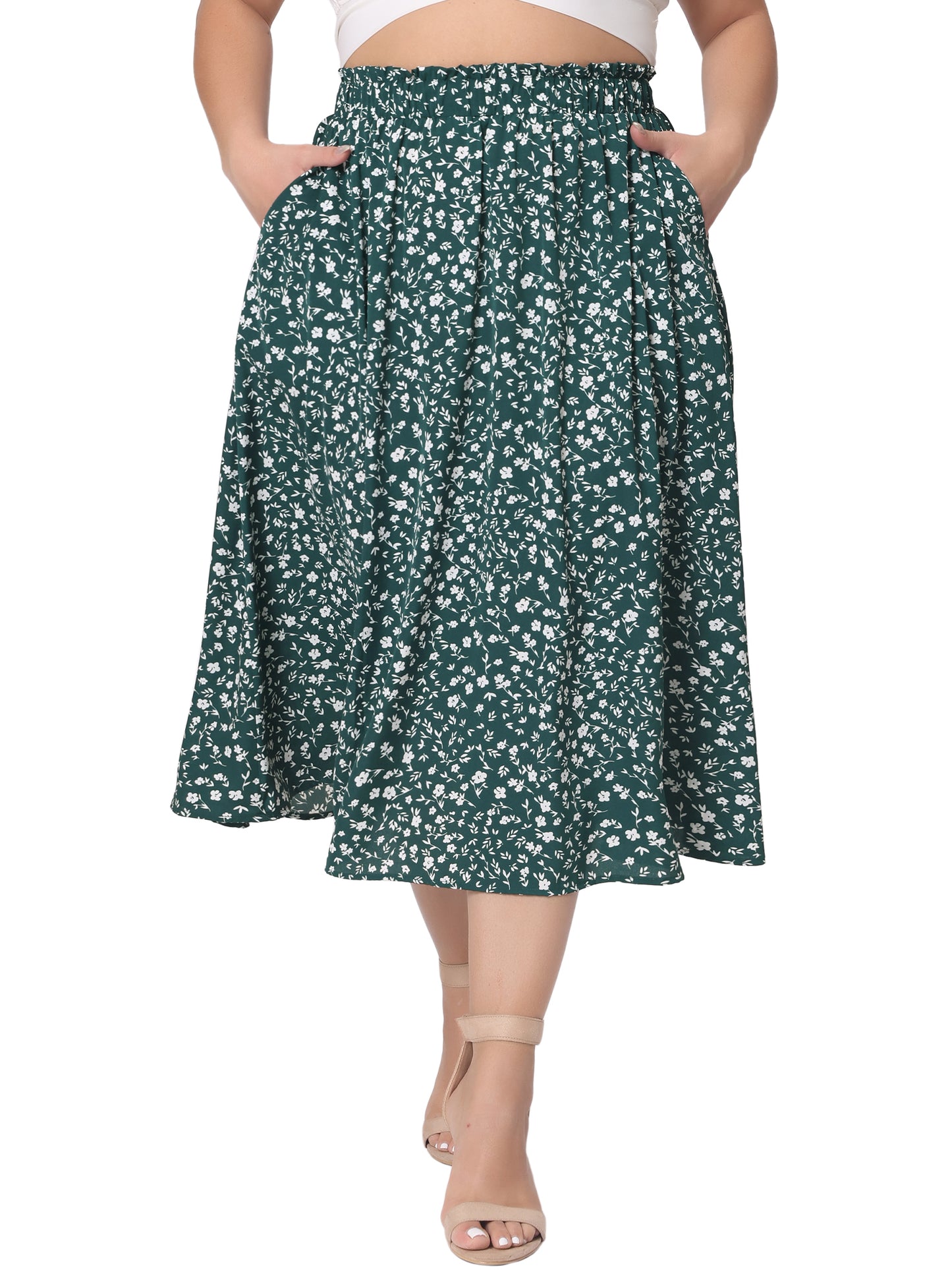 Women Plus Size Printed Skirt Chiffon Elastic Waist Flowy Midi Skirts with Pockets