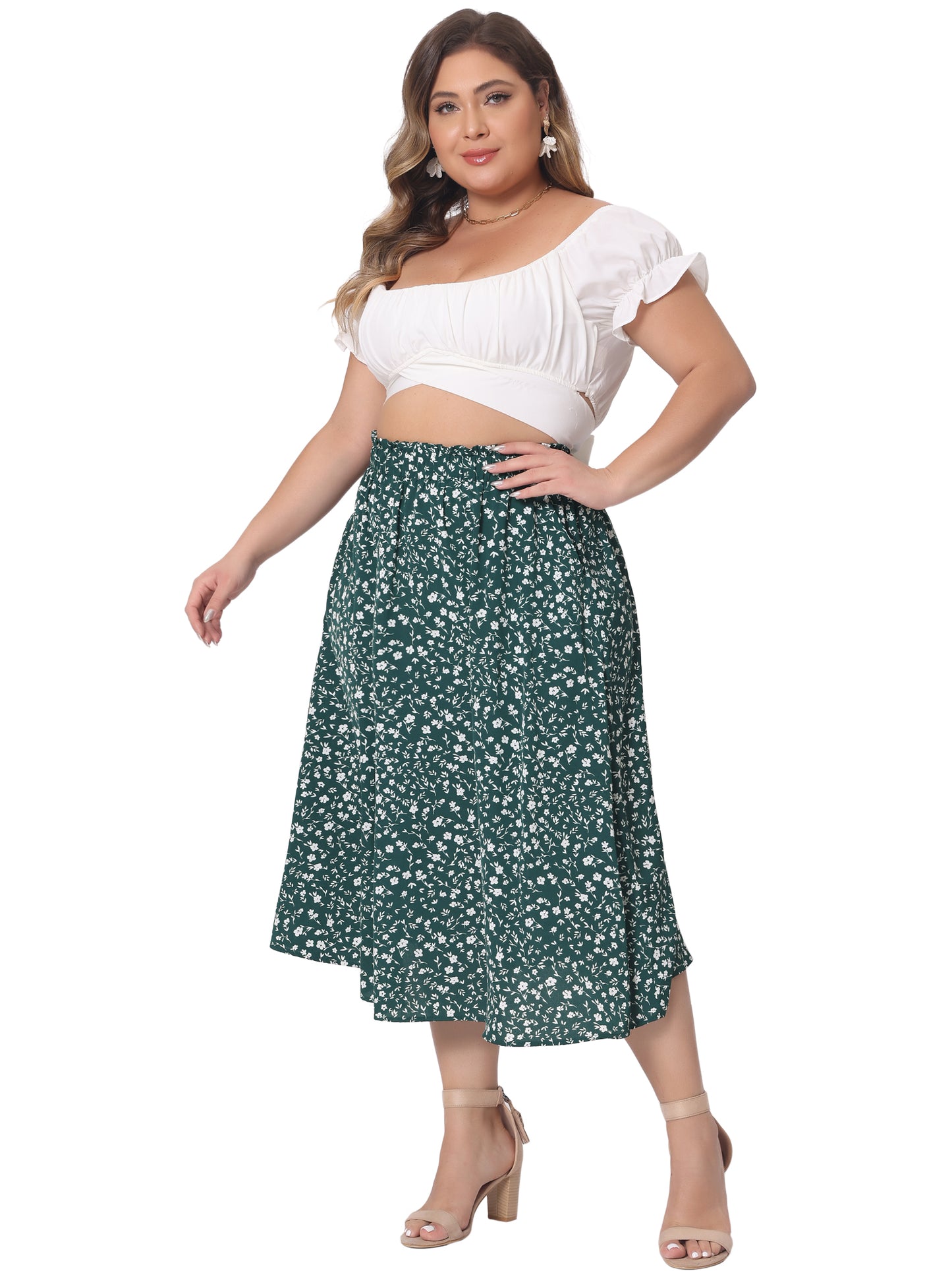 Women Plus Size Printed Skirt Chiffon Elastic Waist Flowy Midi Skirts with Pockets