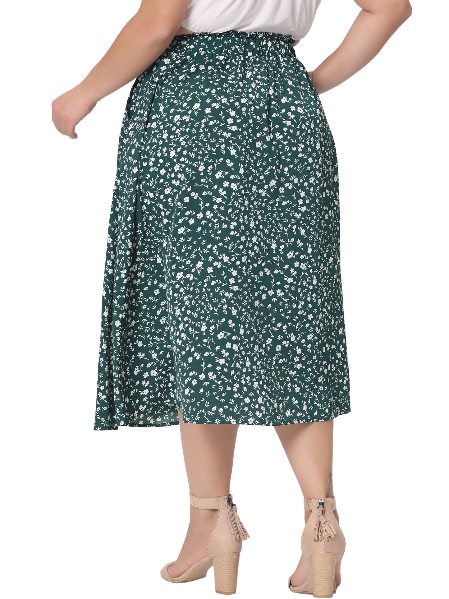 Women Plus Size Printed Skirt Chiffon Elastic Waist Flowy Midi Skirts with Pockets