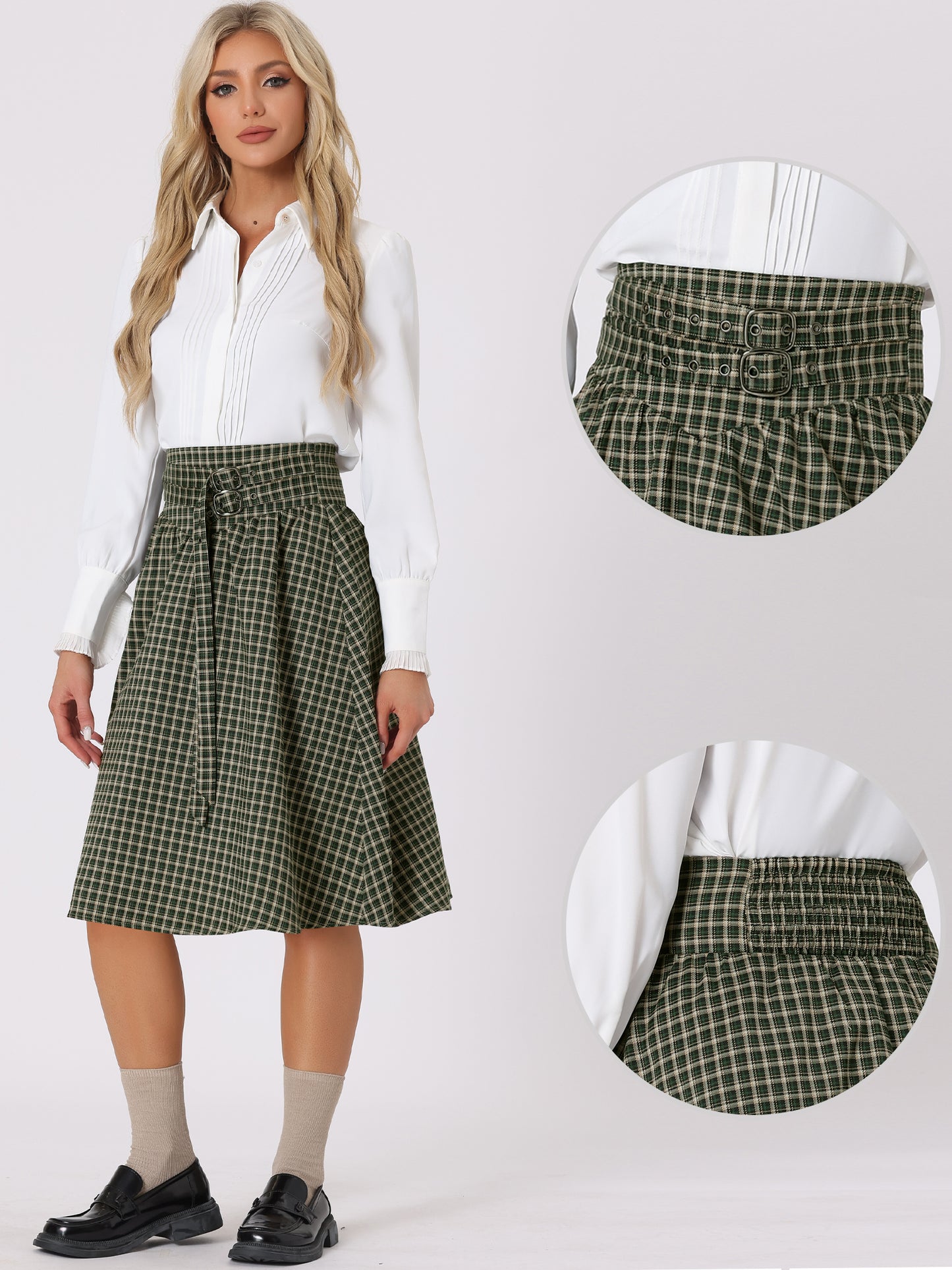 Falda midi de corte A con cinturón y cuadros vintage para mujer