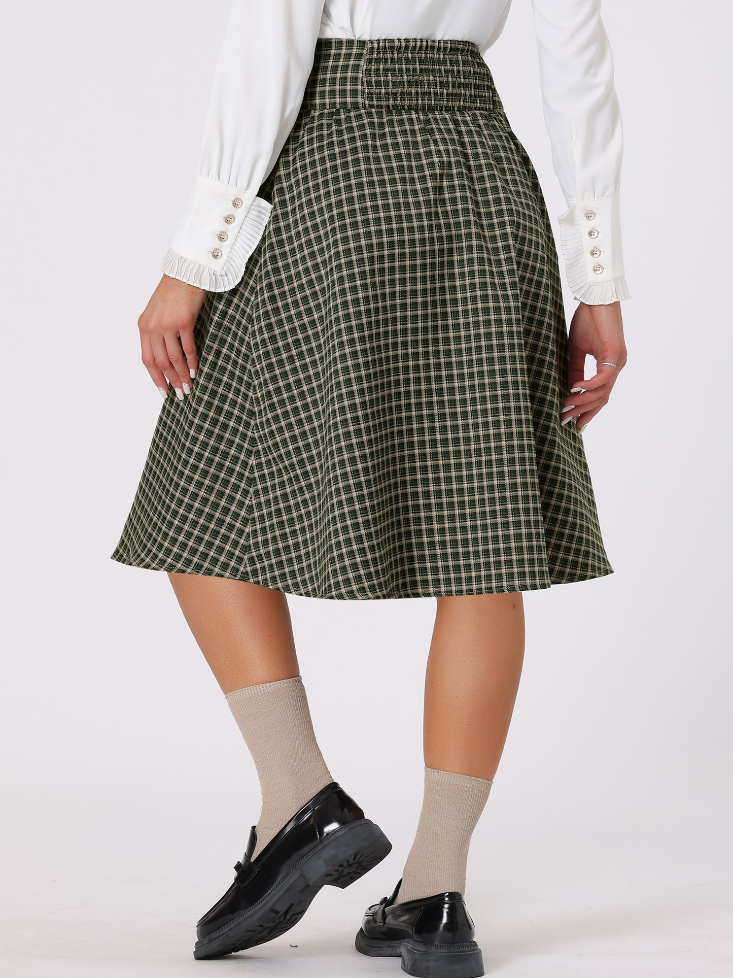 Falda midi de corte A con cinturón y cuadros vintage para mujer