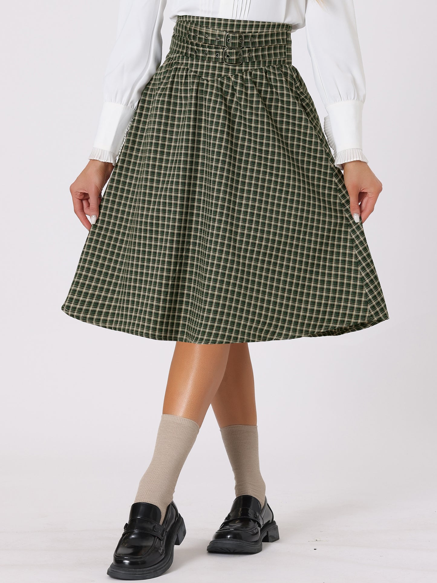 Falda midi de corte A con cinturón y cuadros vintage para mujer