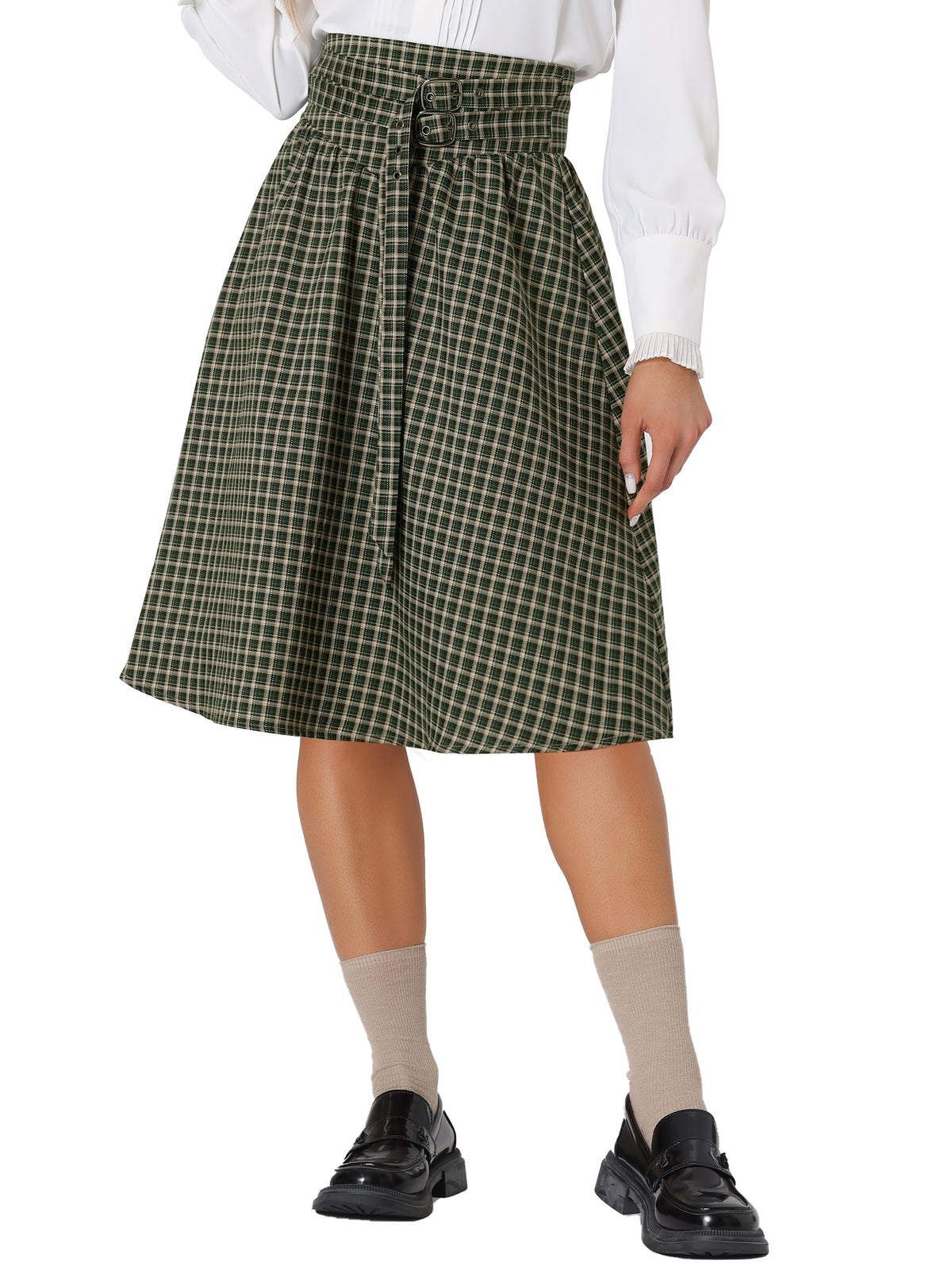 Women's Vintage Plaid Belted A-Line Midi Skirt