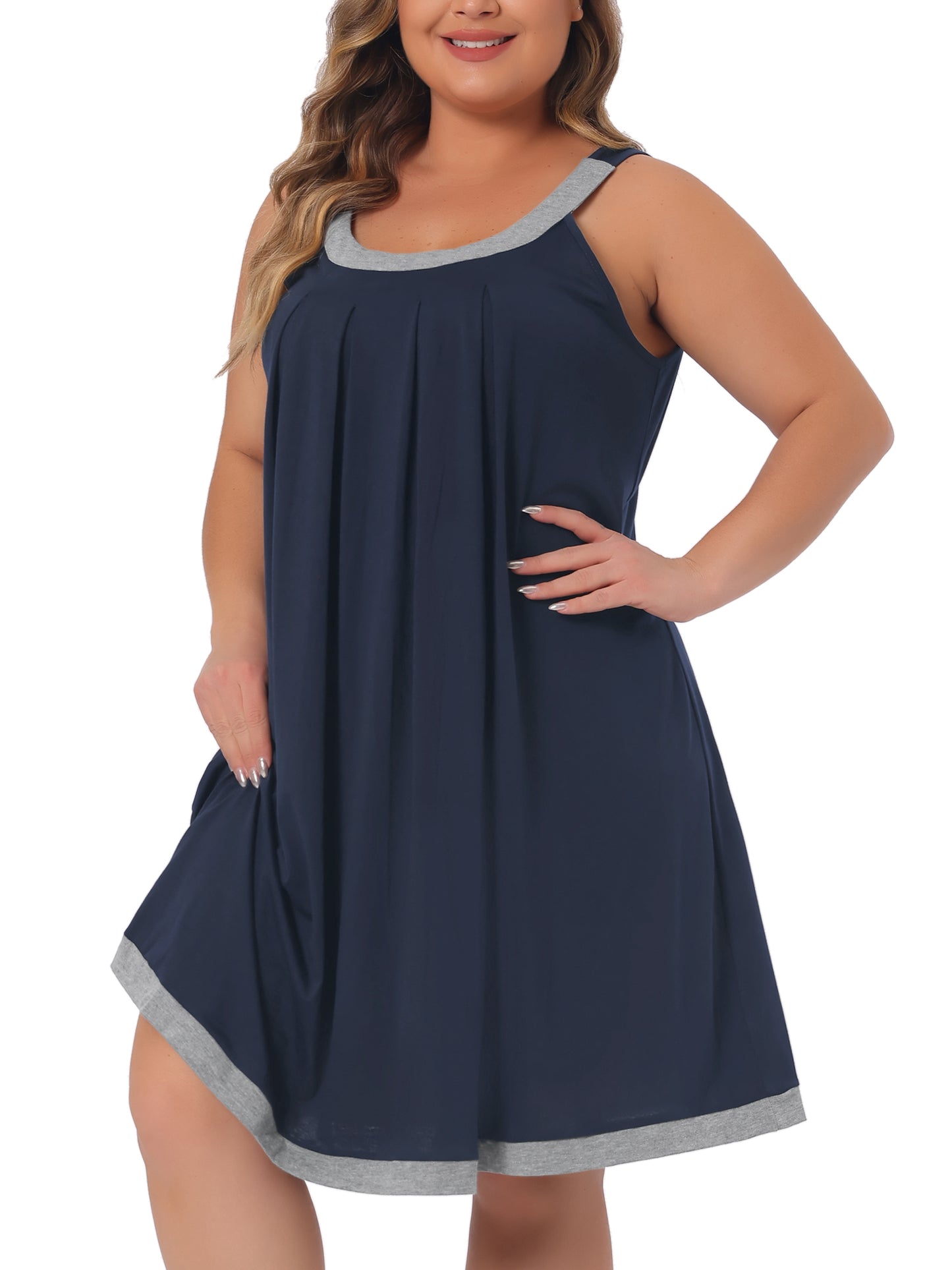 Women Plus Size Nightgown Sleeveless Contrast Color Wide Strap Pleated Sleepwear