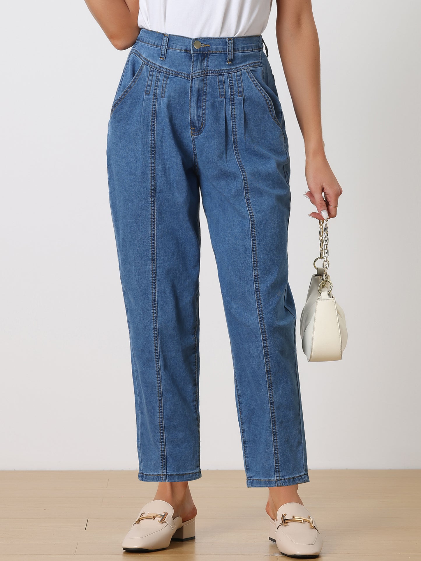 Pantalones vaqueros elásticos de cintura alta para mujer, corte holgado, pierna ancha y cónica.