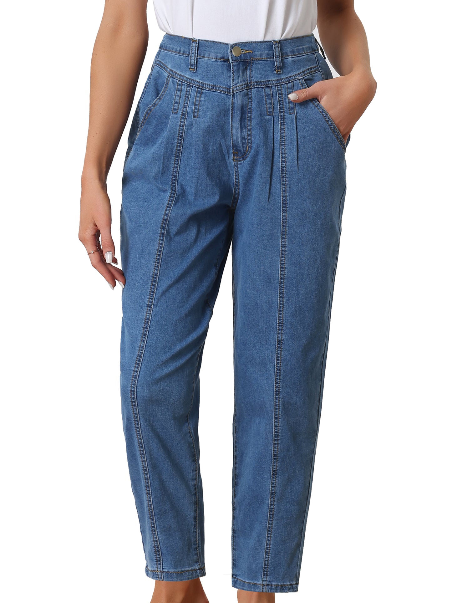 Pantalones vaqueros elásticos de cintura alta para mujer, corte holgado, pierna ancha y cónica.