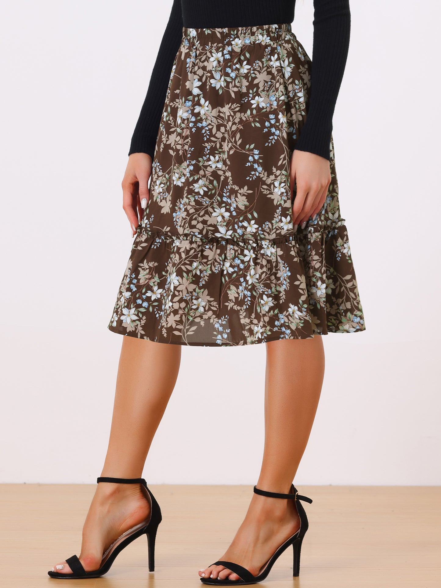 Falda de mujer hasta la rodilla con estampado floral, cintura elástica, fluida, con volantes en forma de A y capas