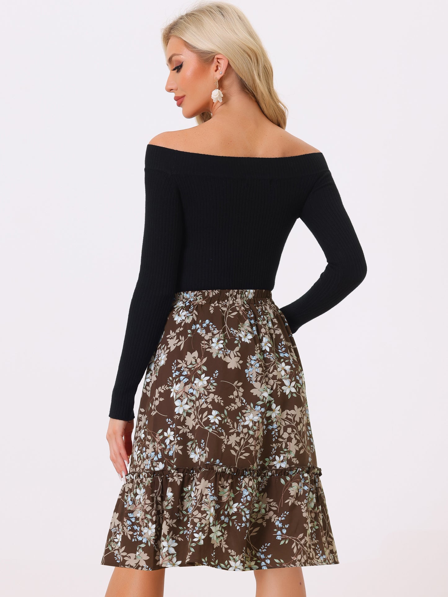 Falda de mujer hasta la rodilla con estampado floral, cintura elástica, fluida, con volantes en forma de A y capas