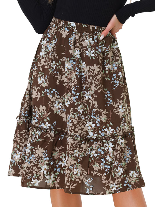 Falda de mujer hasta la rodilla con estampado floral, cintura elástica, fluida, con volantes en forma de A y capas