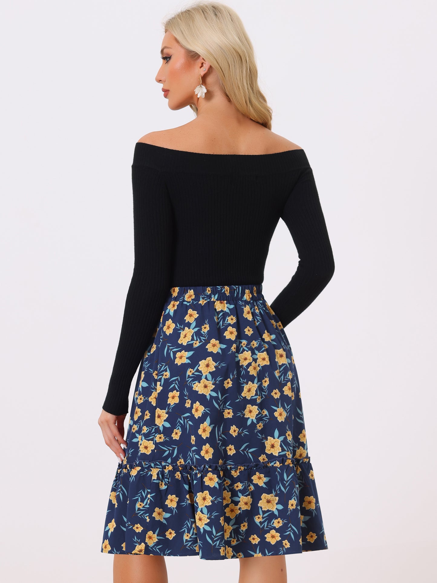 Falda de mujer hasta la rodilla con estampado floral, cintura elástica, fluida, con volantes en forma de A y capas