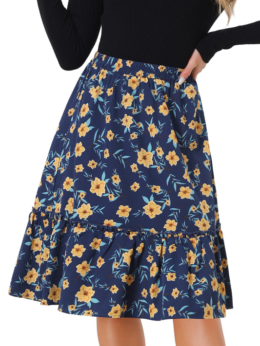 Falda de mujer hasta la rodilla con estampado floral, cintura elástica, fluida, con volantes en forma de A y capas