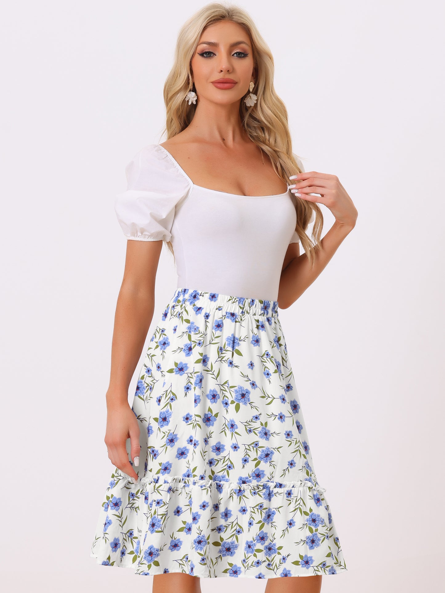 Falda de mujer hasta la rodilla con estampado floral, cintura elástica, fluida, con volantes en forma de A y capas
