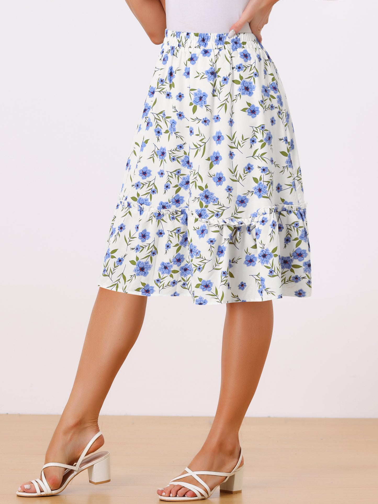 Falda de mujer hasta la rodilla con estampado floral, cintura elástica, fluida, con volantes en forma de A y capas