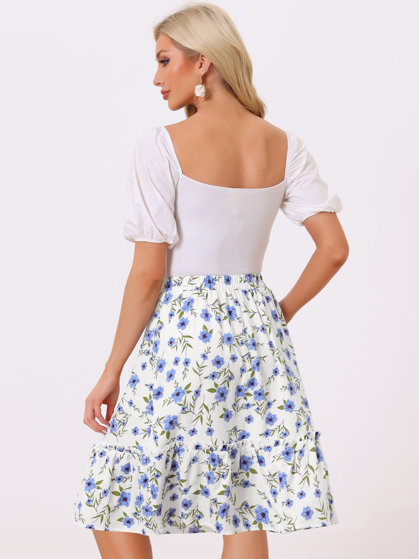 Falda de mujer hasta la rodilla con estampado floral, cintura elástica, fluida, con volantes en forma de A y capas