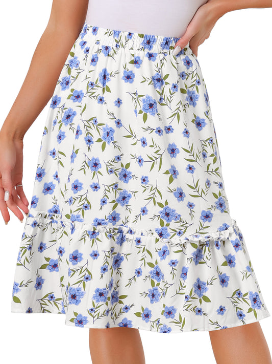 Women's Knee Length Skirt Floral Elastic Waist Flowy Tiered A-Line Ruffle Skirt