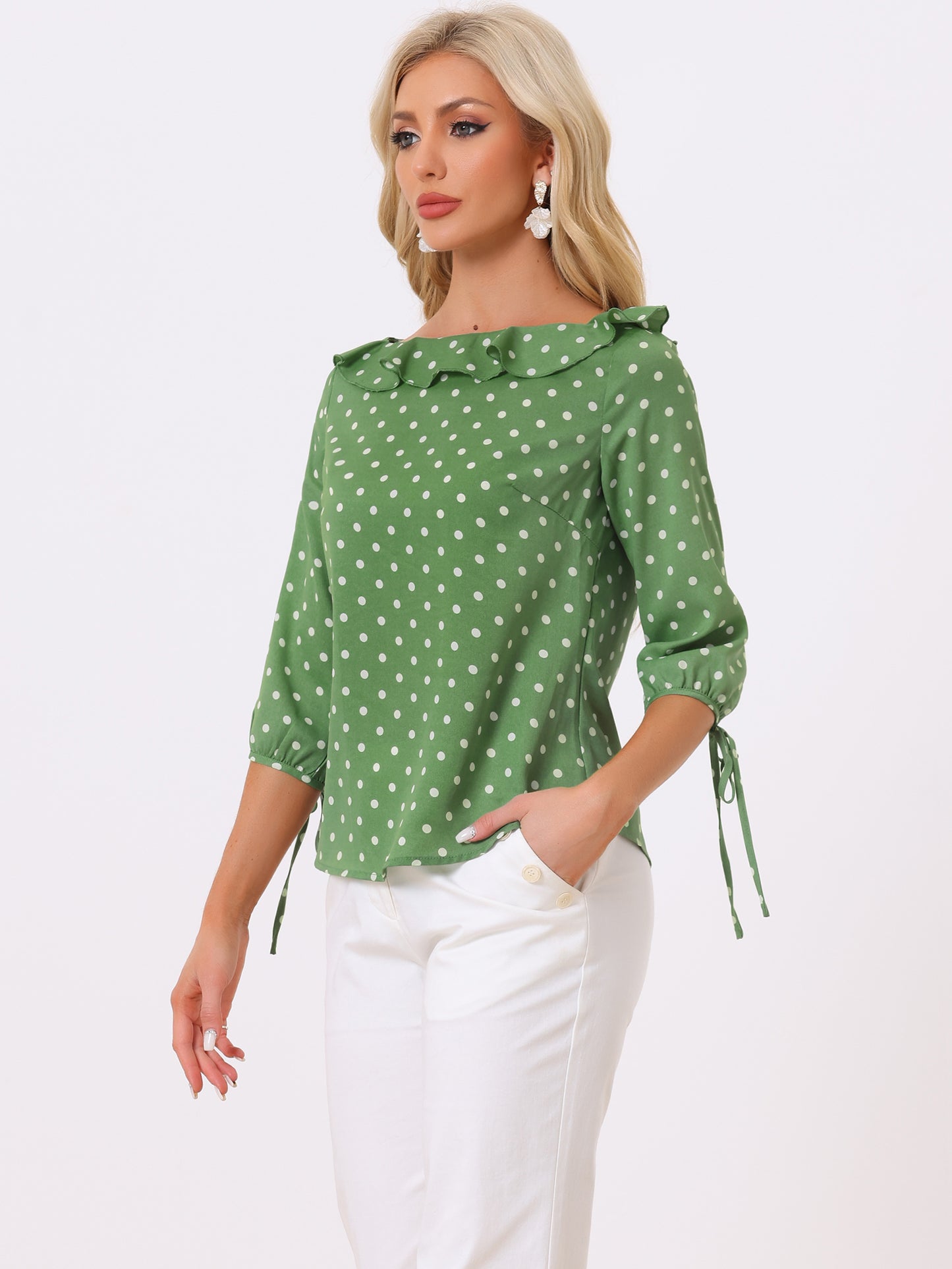 Women's Ruffled Collar Polka Dots 3/4 Sleeve Blouse