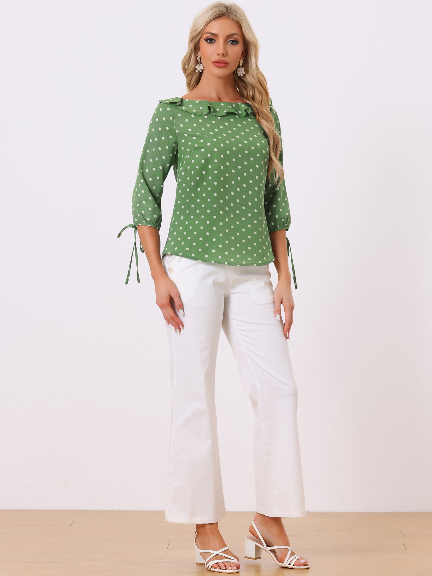 Women's Ruffled Collar Polka Dots 3/4 Sleeve Blouse