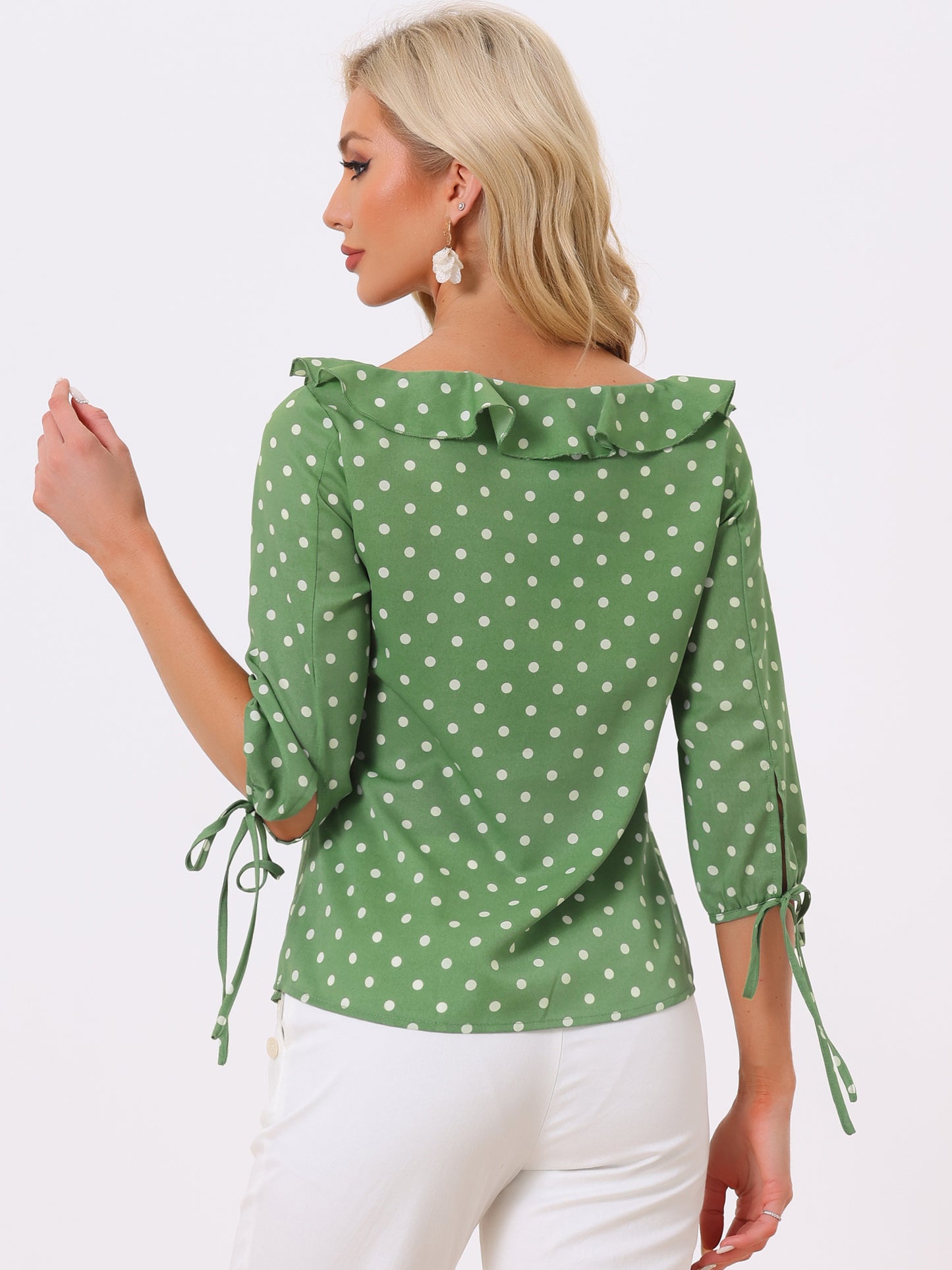 Women's Ruffled Collar Polka Dots 3/4 Sleeve Blouse